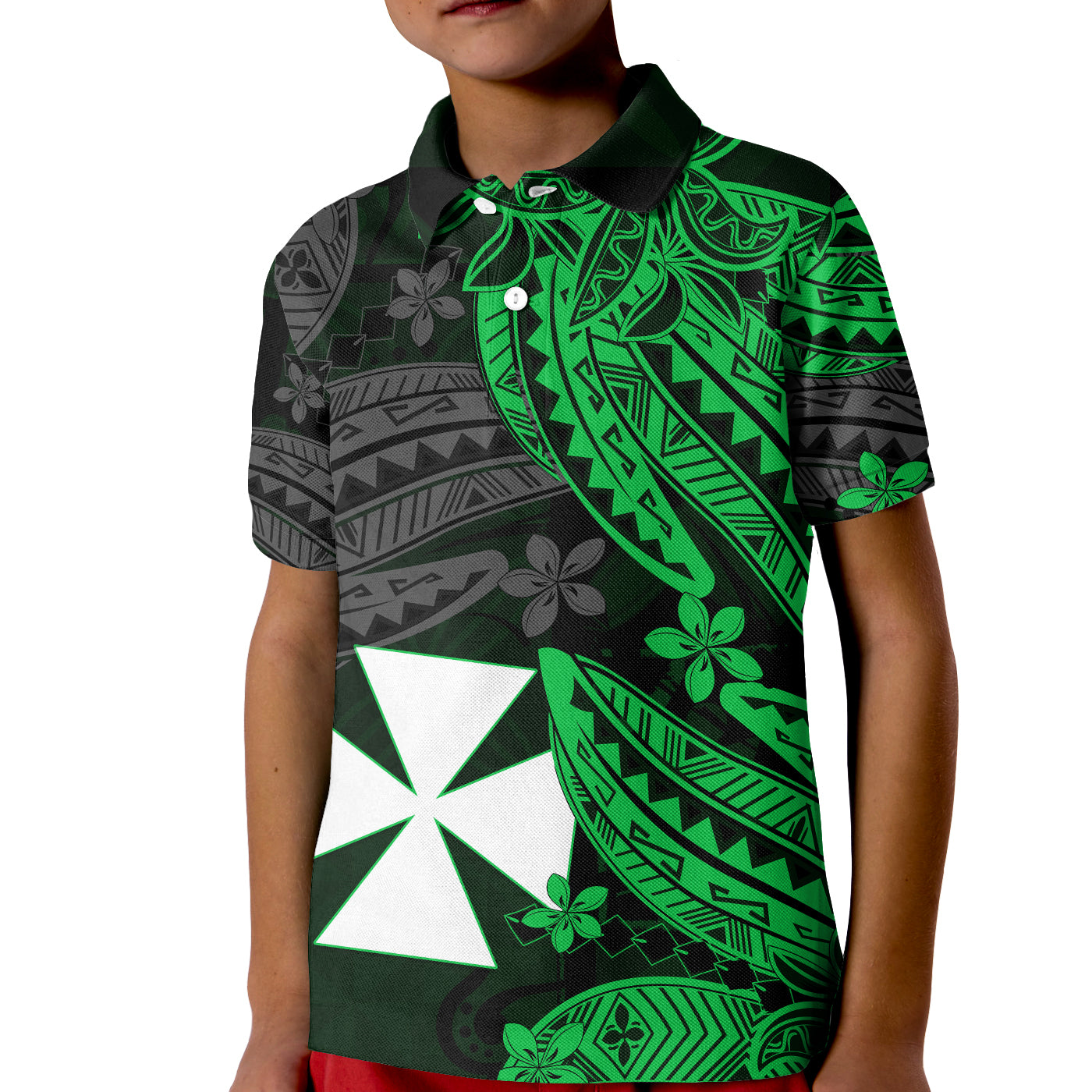 (Custom Text and Number) Wallis and Futuna Polo Shirt KID Enjoy Polynesian Flowers Version Green LT13 Unisex Green - Polynesian Pride