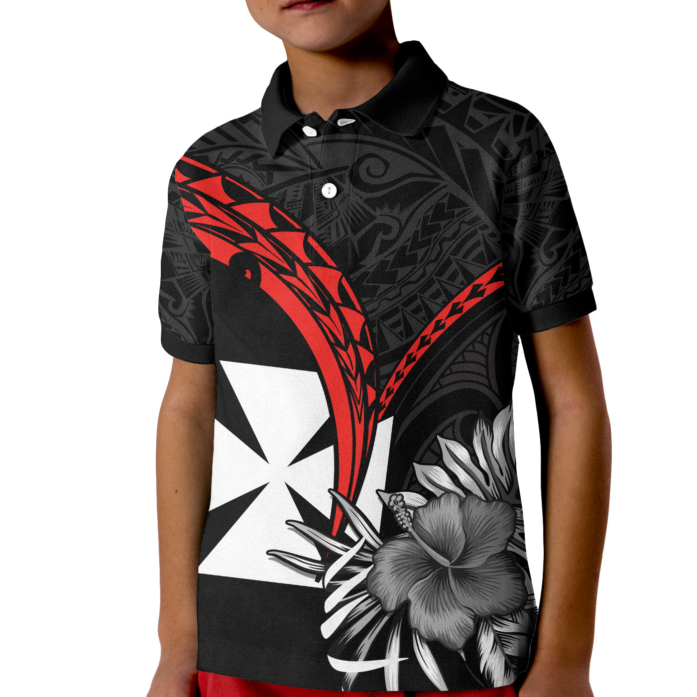 (Custom Personalised) Wallis et Futuna Polo Shirt KID Polynesian Pattern and Hibiscus Flowers Version Black LT13 Unisex Black - Polynesian Pride