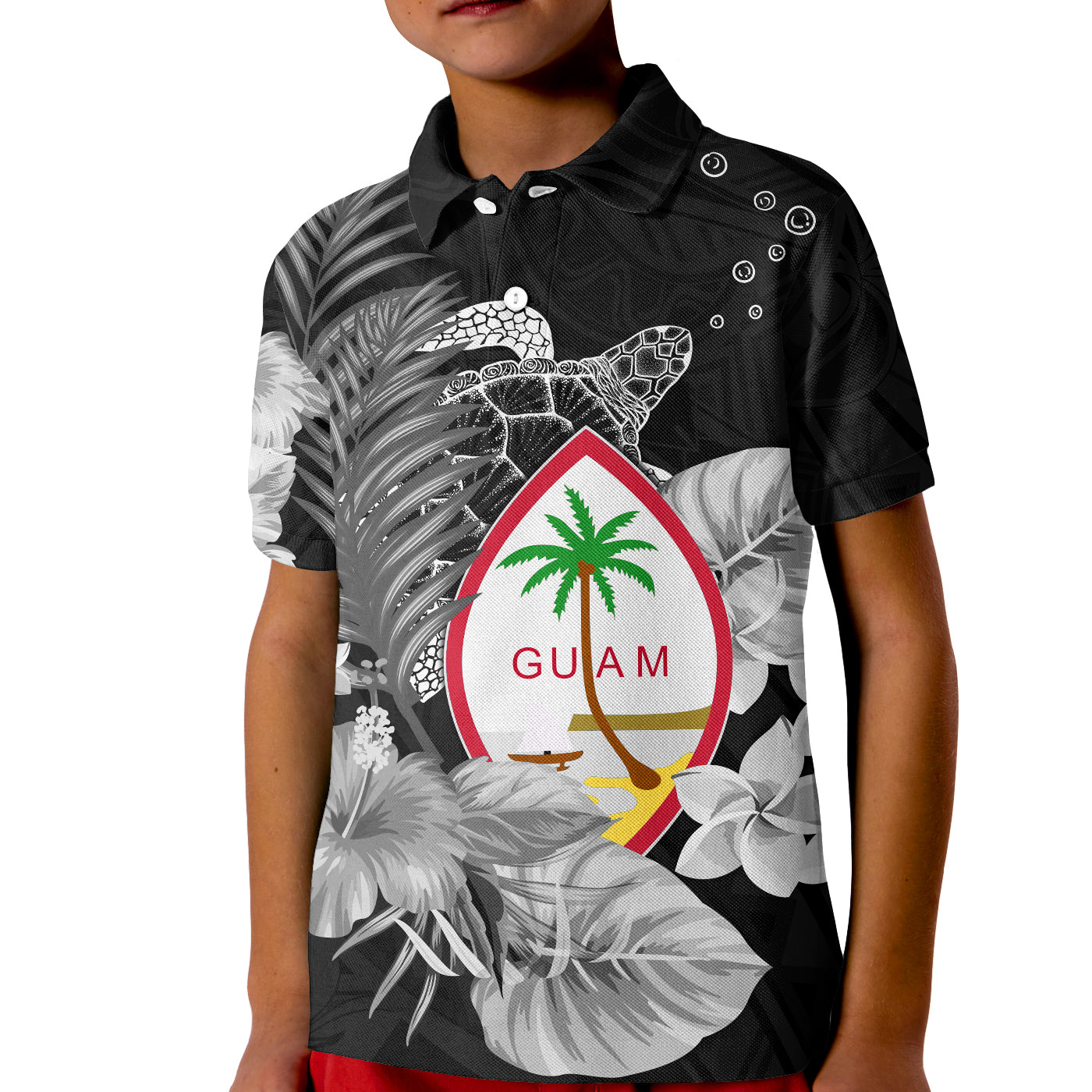 Guam Seal Polo Shirt KID Polynesian Turtle with Flowers Version White LT13 Unisex White - Polynesian Pride