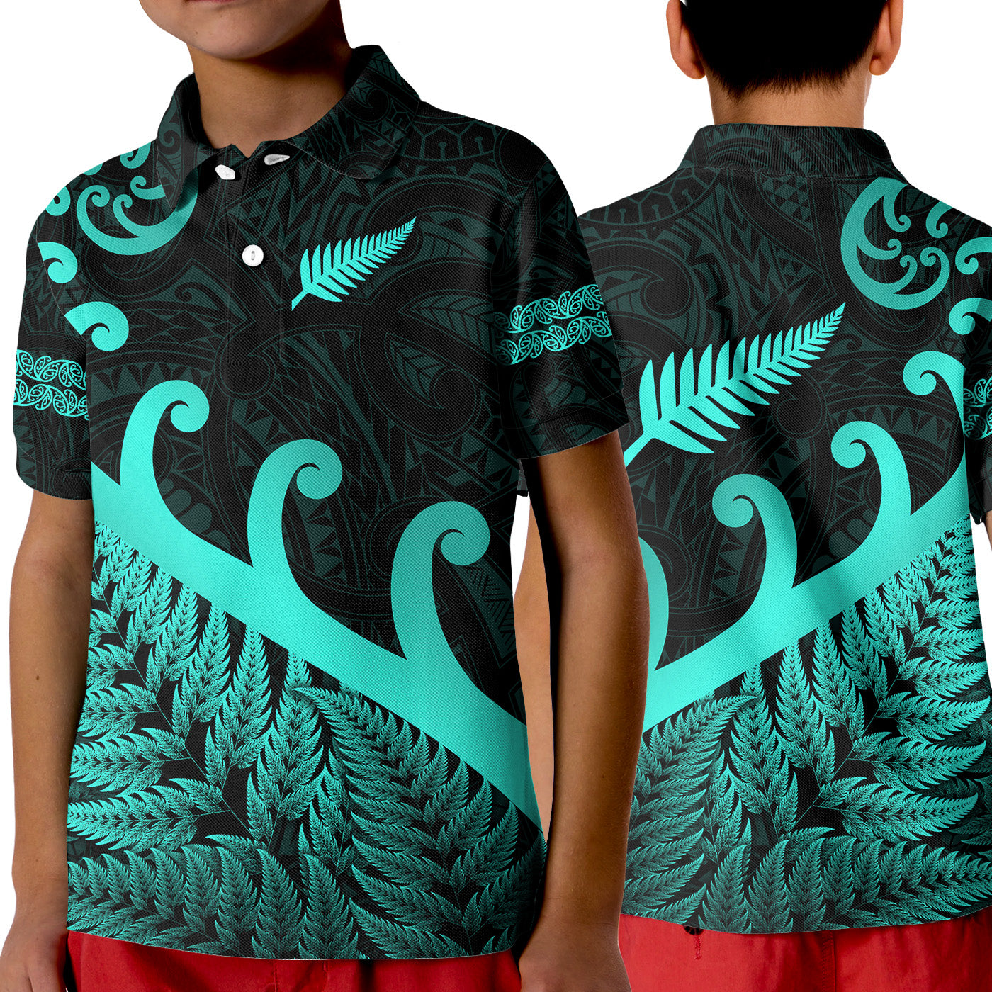 New Zealand Rugby Maori Polo Shirt KID Silver Fern Koru Vibes - Turquoise LT8 Unisex Turquoise - Polynesian Pride