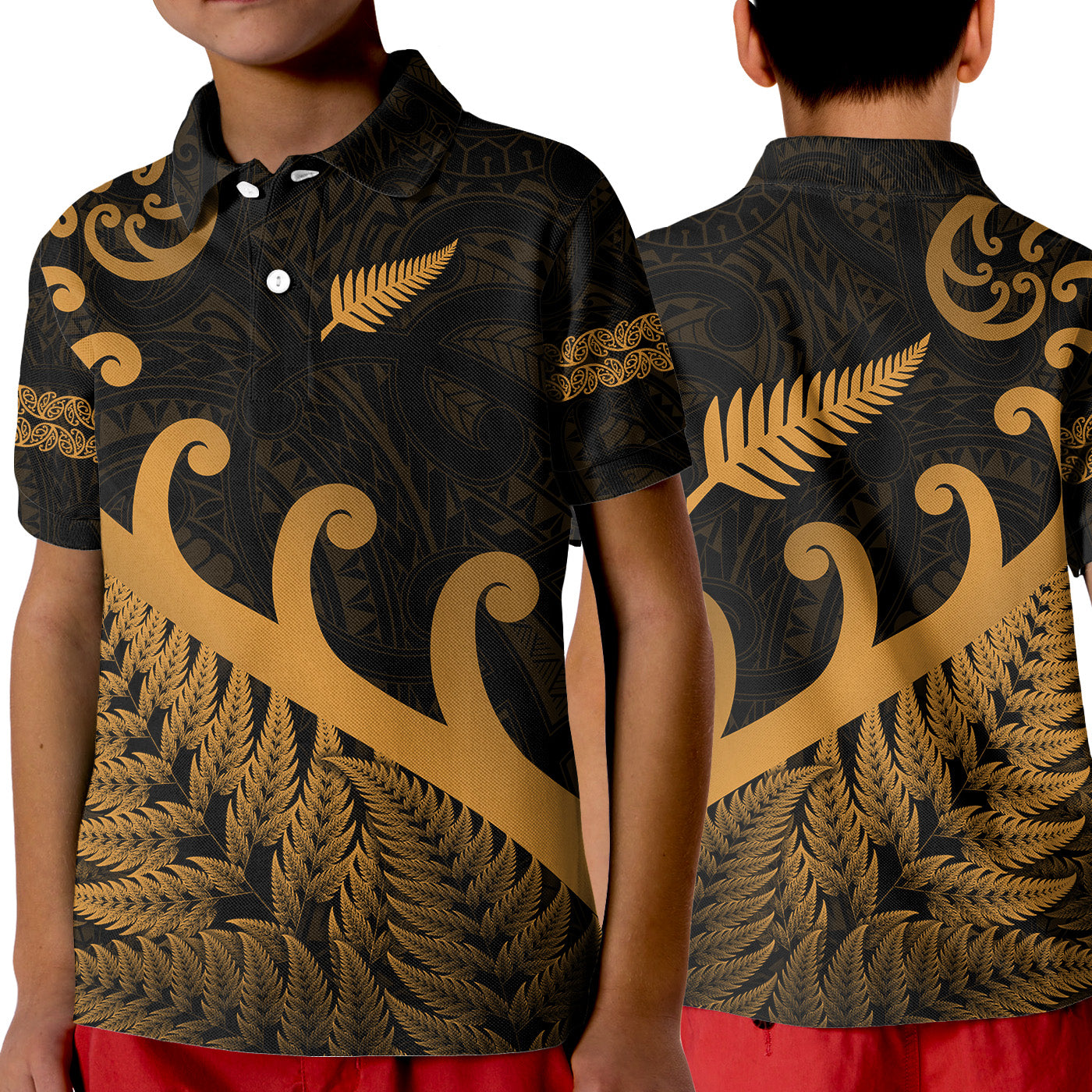 New Zealand Rugby Maori Polo Shirt KID Silver Fern Koru Vibes - Gold LT8 Unisex Gold - Polynesian Pride