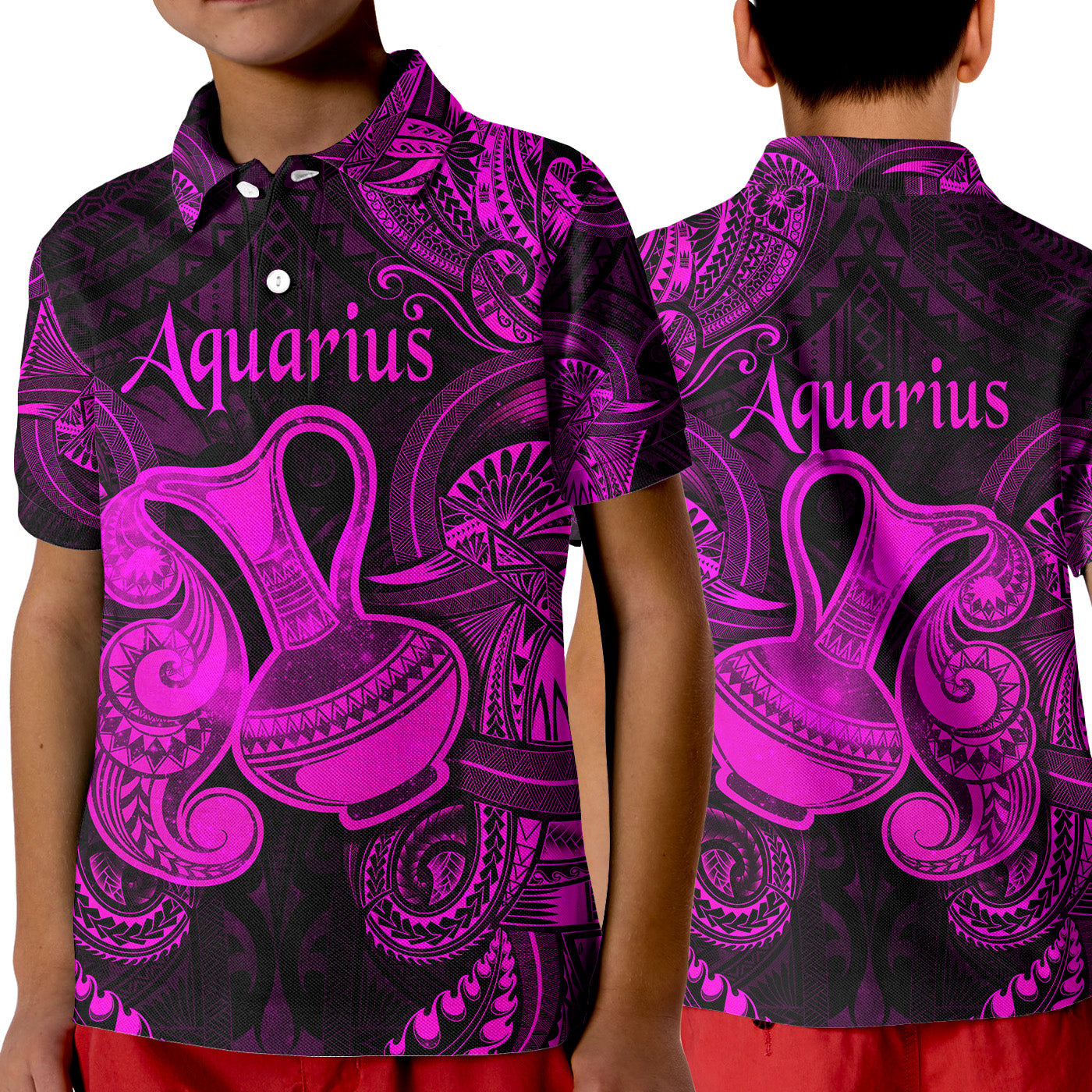 Aquarius Zodiac Polynesian Polo Shirt KID Unique Style - Pink LT8 Unisex Pink - Polynesian Pride