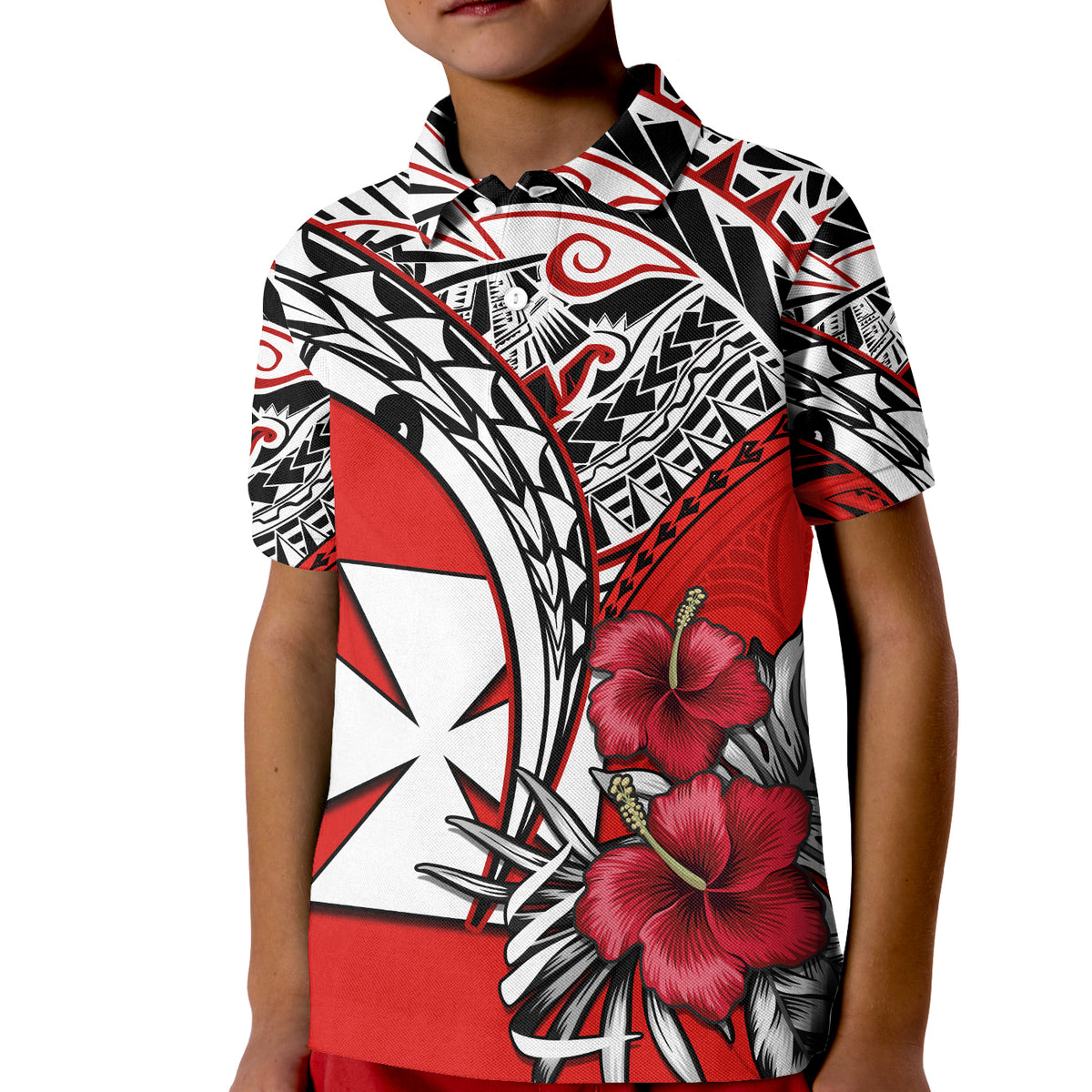 Wallis et Futuna Polo Shirt KID Polynesian Pattern and Hibiscus Flowers Version Red LT13 Unisex Red - Polynesian Pride