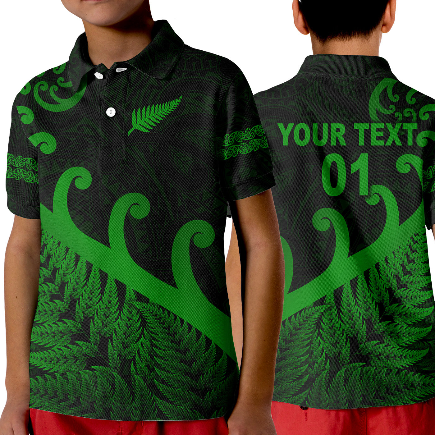 (Custom Personalised) New Zealand Rugby Maori Polo Shirt KID Silver Fern Koru Vibes - Green LT8 Unisex Green - Polynesian Pride