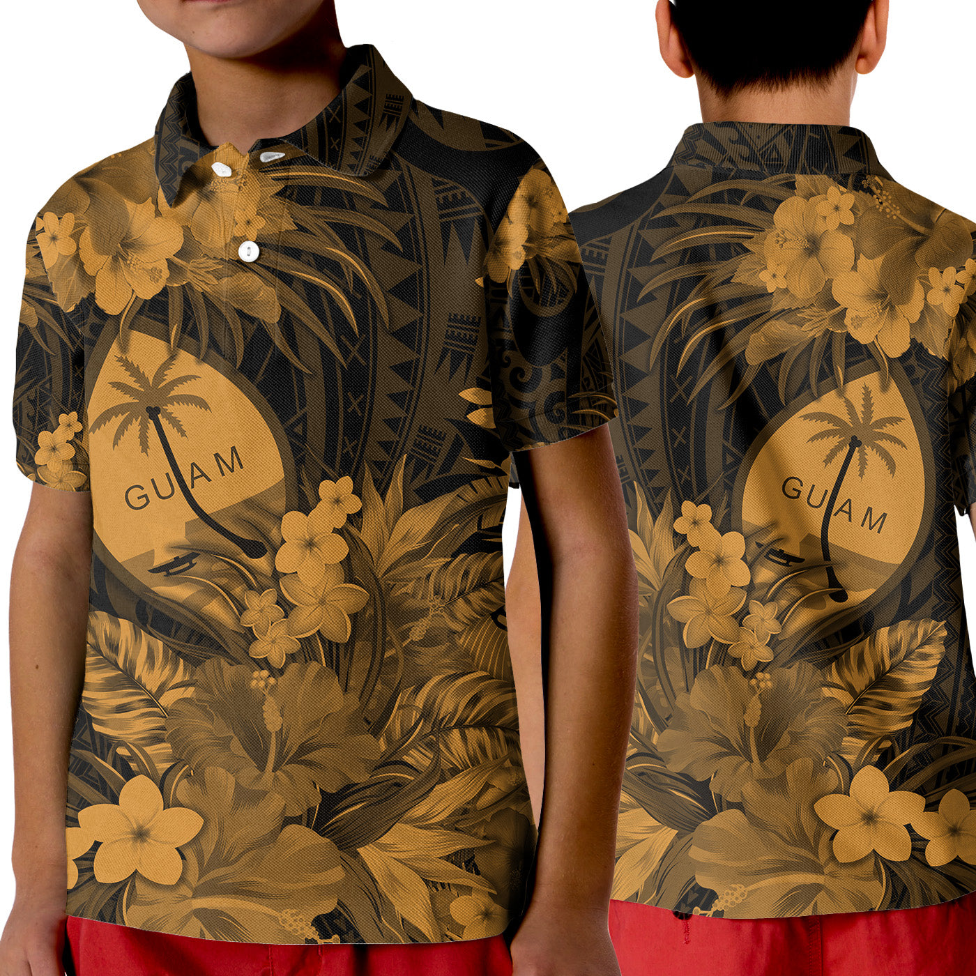 Guam Polynesian Polo Shirt KID Tropical Flowers - Tan LT8 - Polynesian Pride