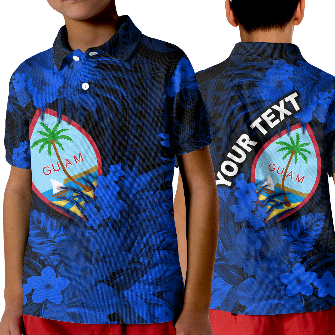 (Custom Personalised) Guam Polynesian Polo Shirt KID Tropical Flowers - Blue LT8 - Polynesian Pride