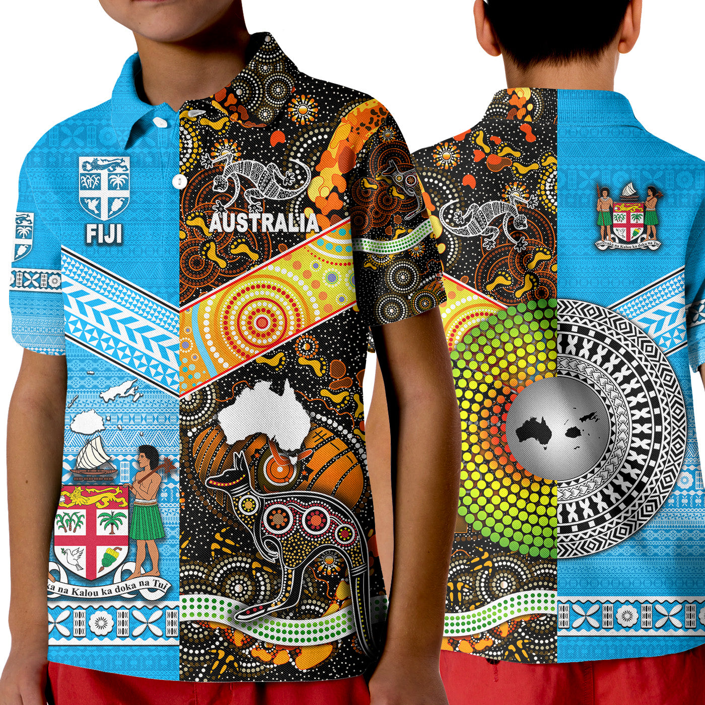 Australia Aboriginal And Fiji Tapa Polo Shirt KID Together LT8 - Polynesian Pride