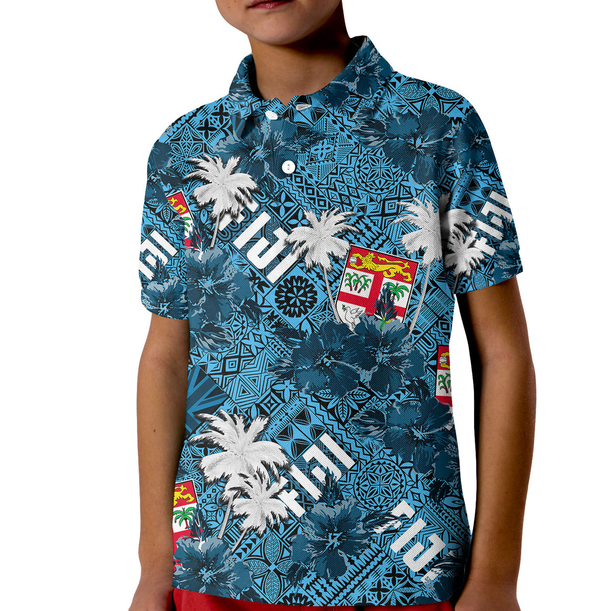 Fiji Hibiscus Polo Shirt KID Hawaii Style No.1 LT6 Unisex Blue - Polynesian Pride