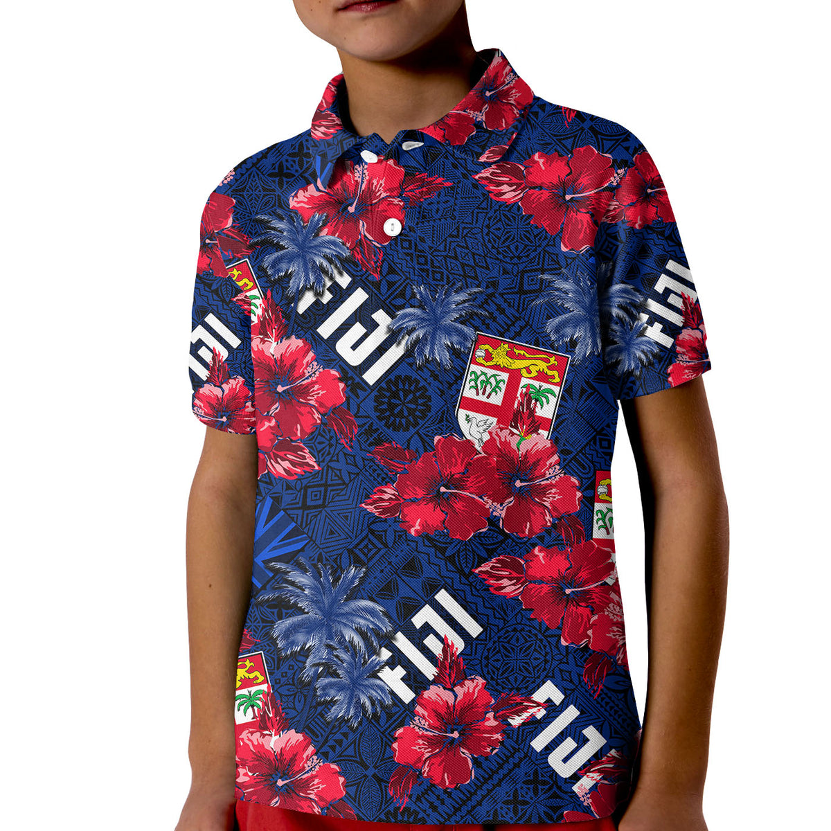 Fiji Hibiscus Polo Shirt KID Hawaii Style No.2 LT6 Unisex Blue - Polynesian Pride