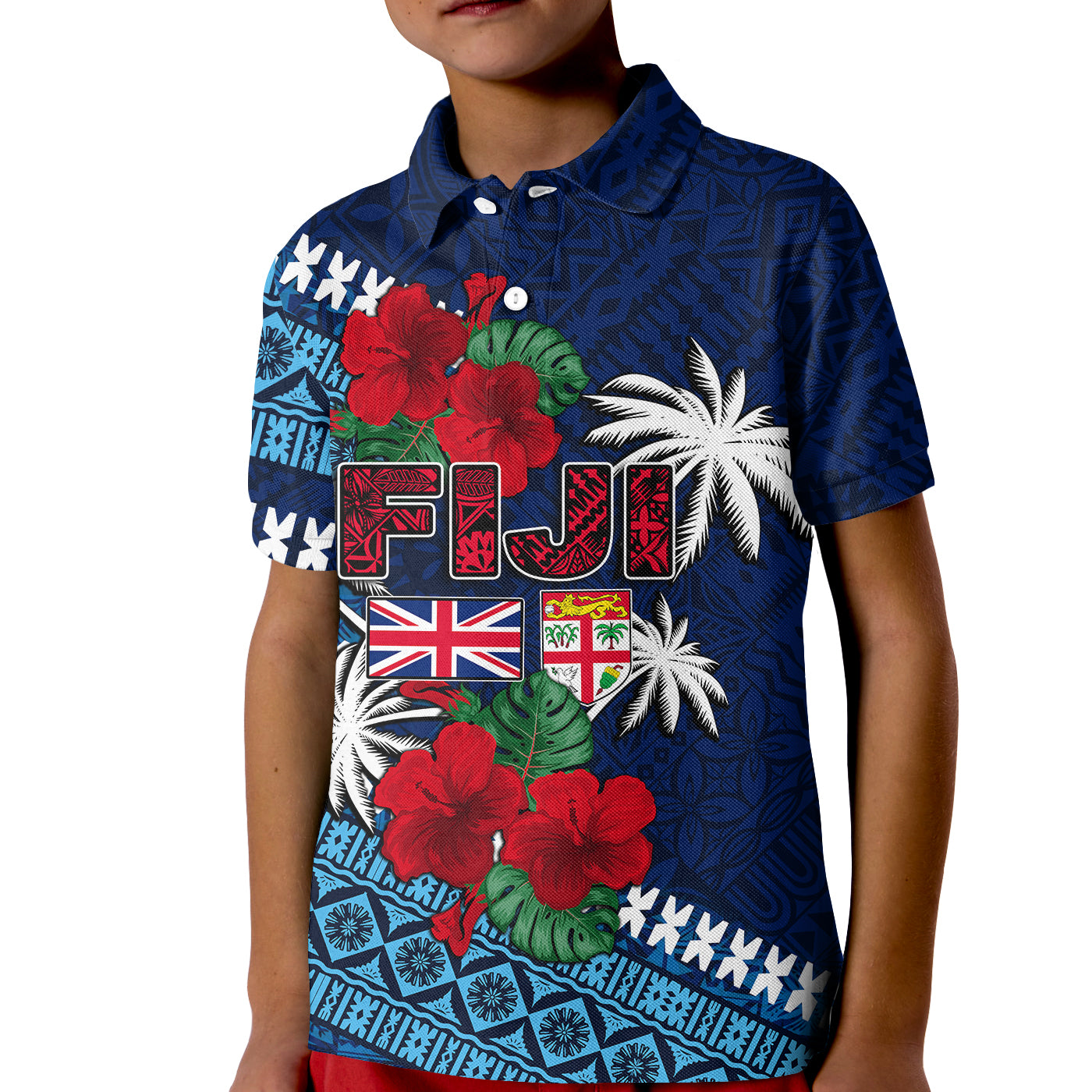 (Custom Personalised) Fiji Patterns With Hibiscus Polo Shirt KID LT6 Unisex Blue - Polynesian Pride