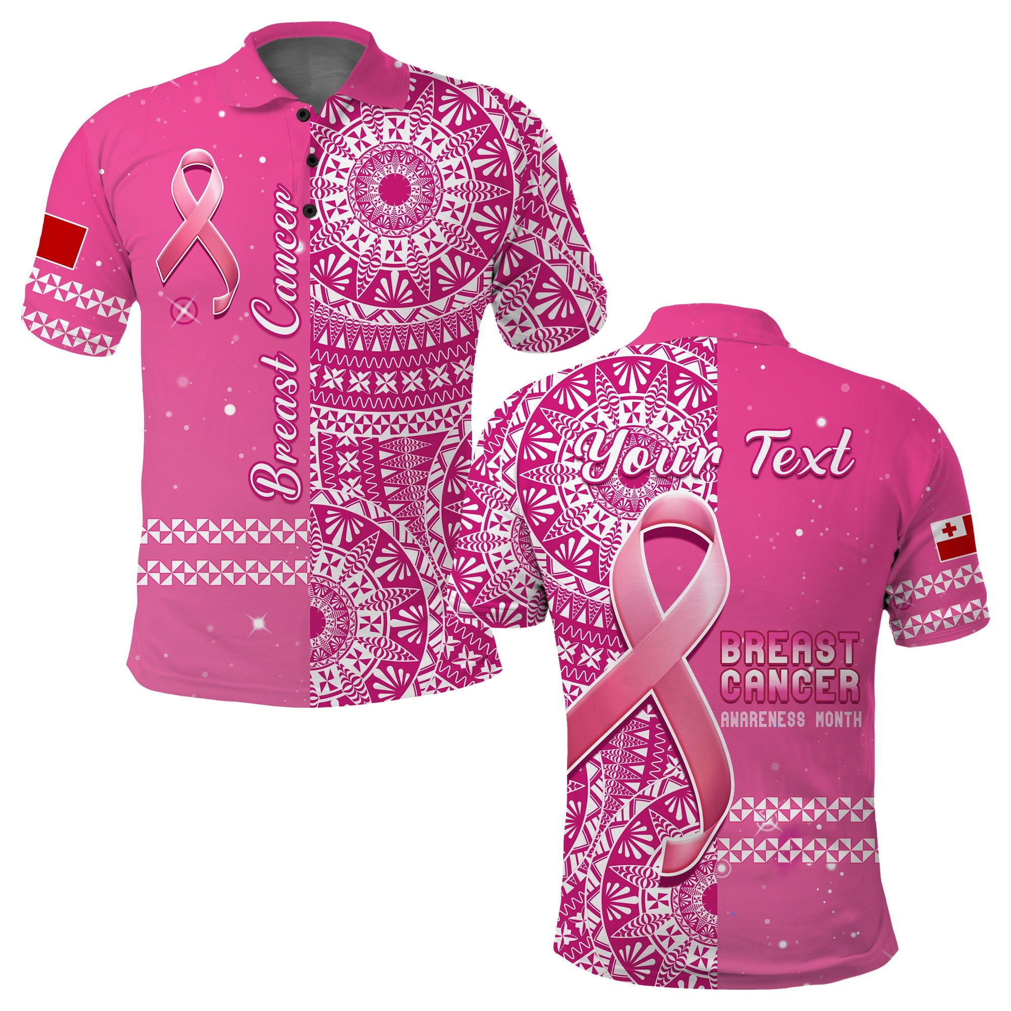 Custom Tonga Breast Cancer Polo Shirt Tongan Ngatu Pattern No One Fights Alone LT14 Adult Pink - Polynesian Pride