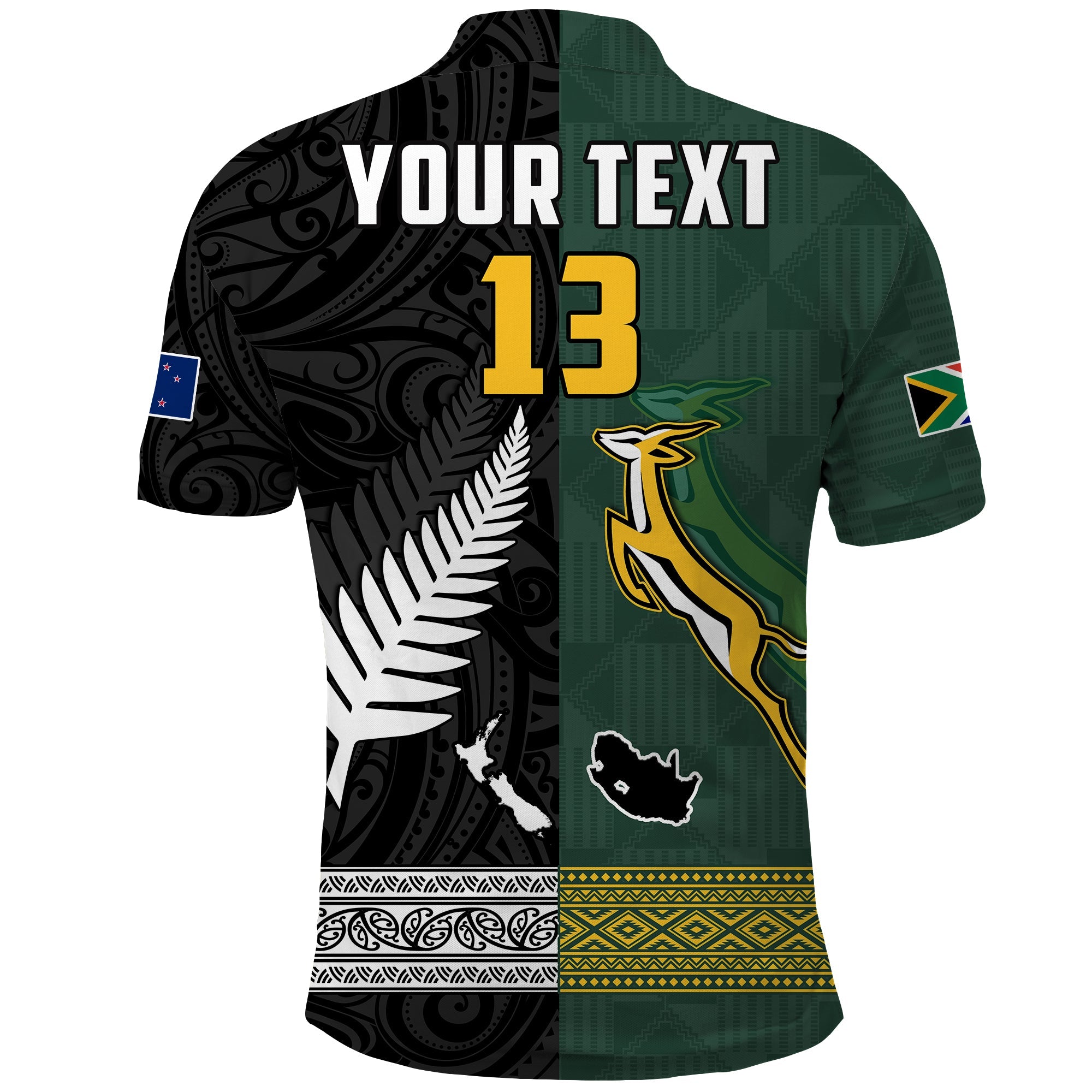 (Custom Text and Number) South Africa Protea and New Zealand Fern Polo Shirt Rugby Go Springboks vs All Black LT13 - Polynesian Pride