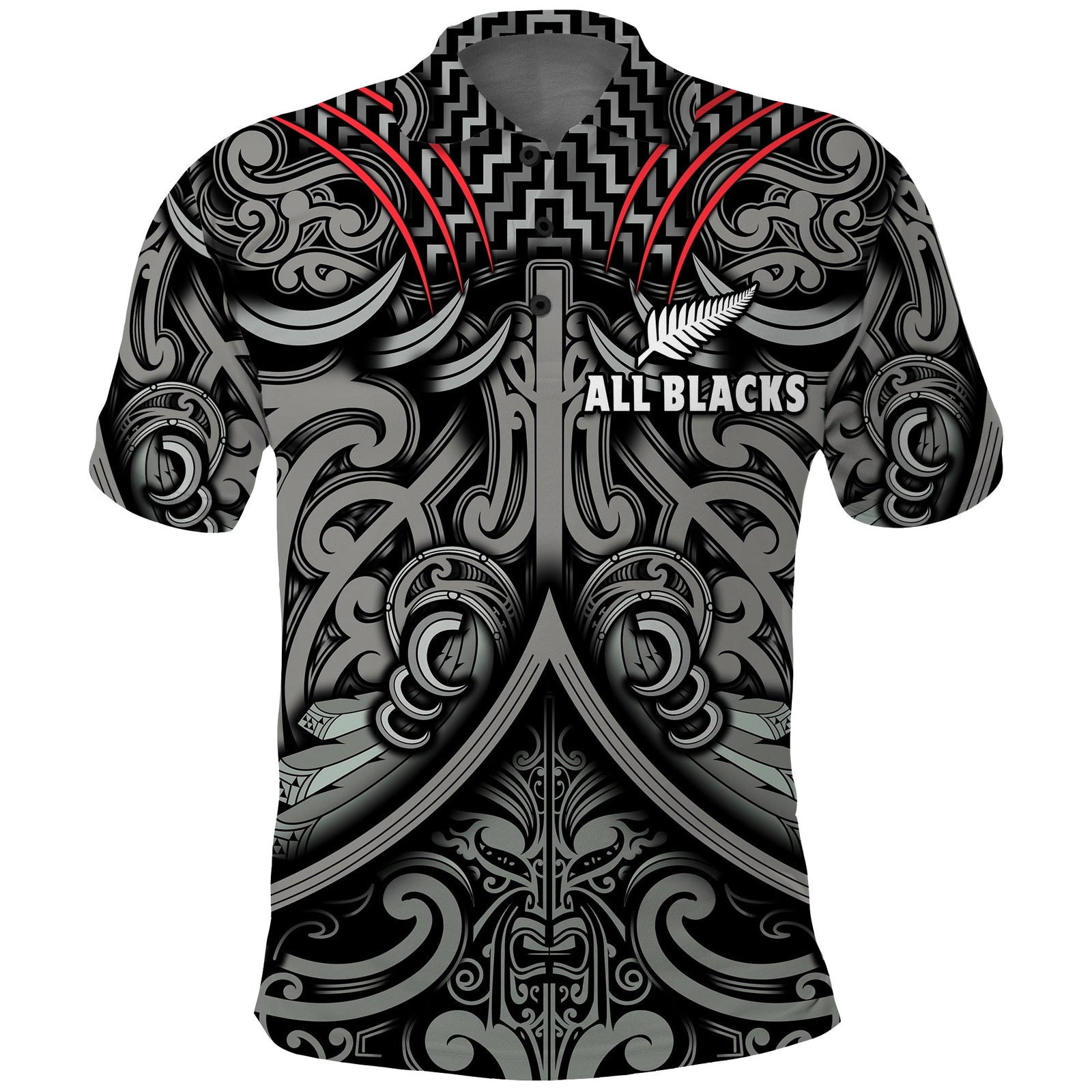 New Zealand Silver Fern Rugby Polo Shirt All Black NZ Maori Pattern LT13 Black - Polynesian Pride