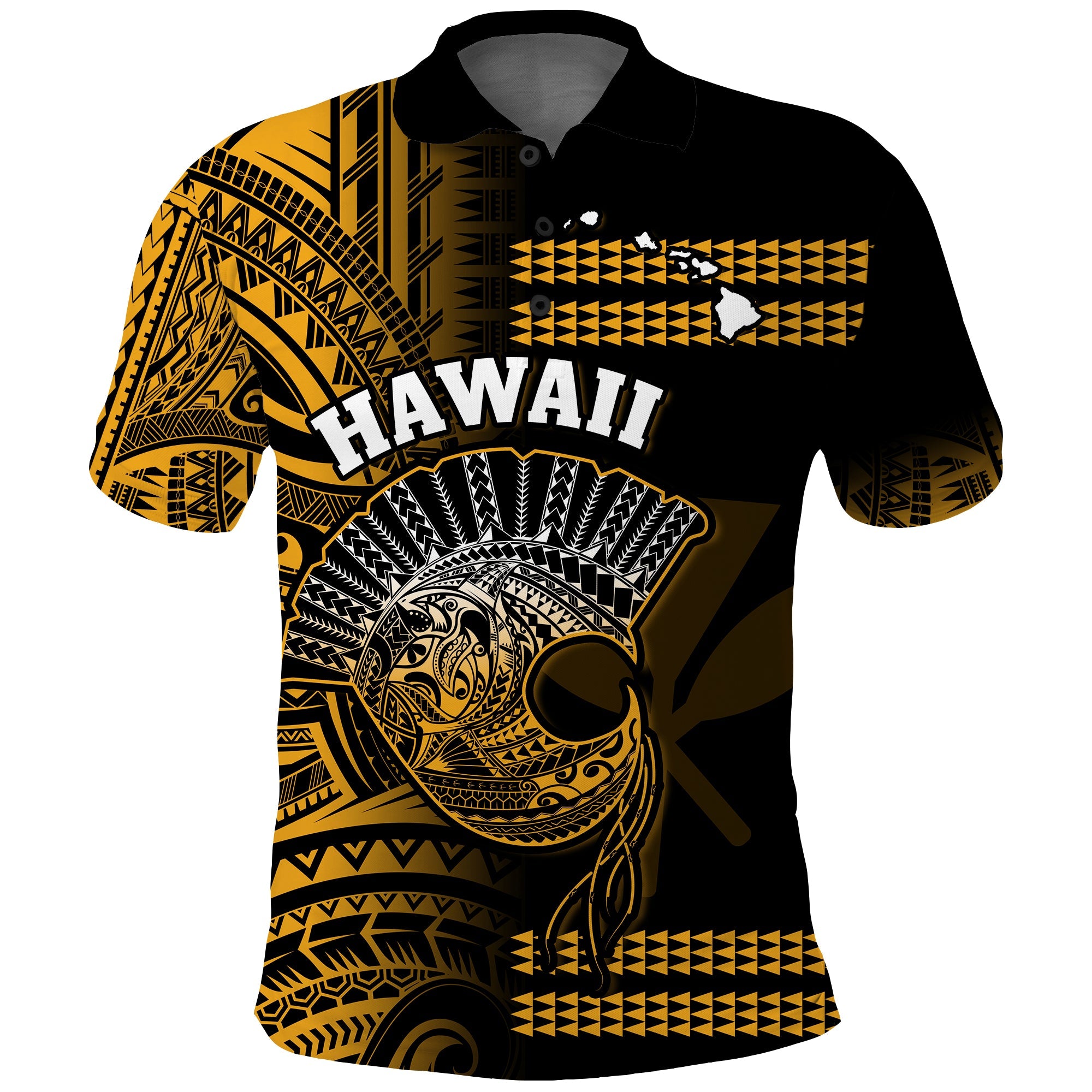 Custom Hawaii Polo Shirt Kakau Warrior Helmet Gradient Gold Polynesian LT14 Gold - Polynesian Pride