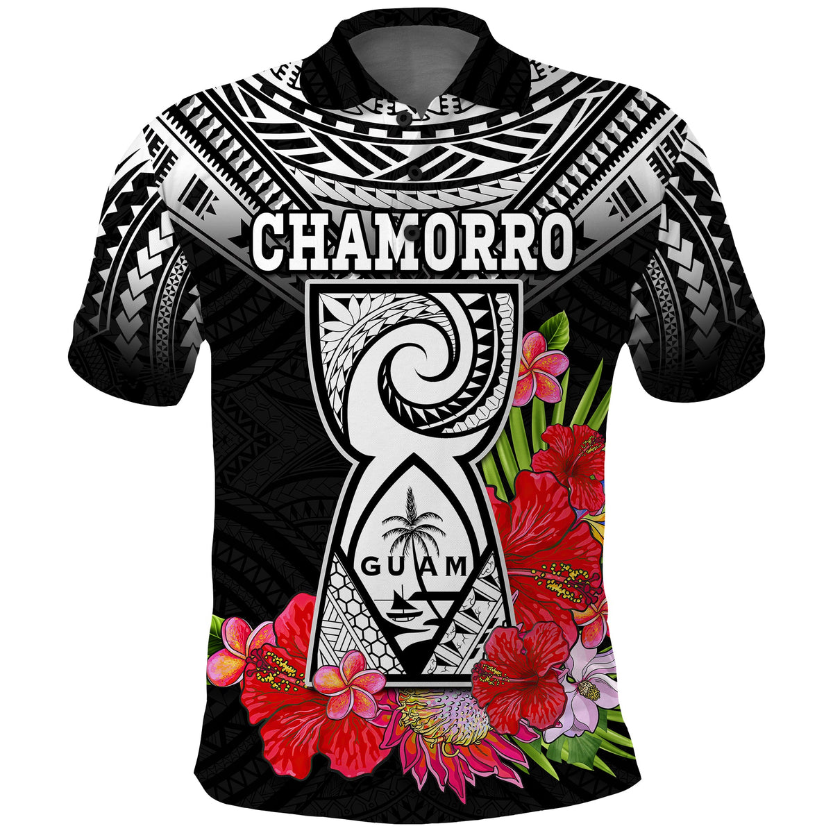 Custom Guam Chamorro Polo Shirt Guaman Latte Stone Tropical Flowers Black Style LT14 - Polynesian Pride