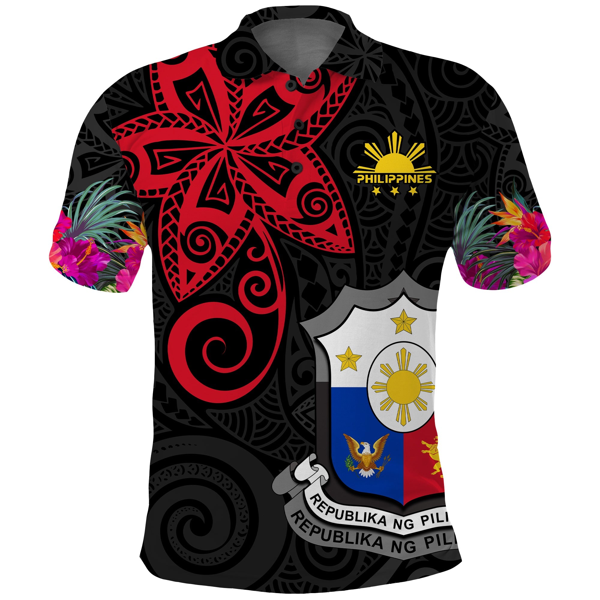 Custom Philippines Polo Shirt Sun Filipino Polynesian mix Flowers Black Vibe LT13 Black - Polynesian Pride