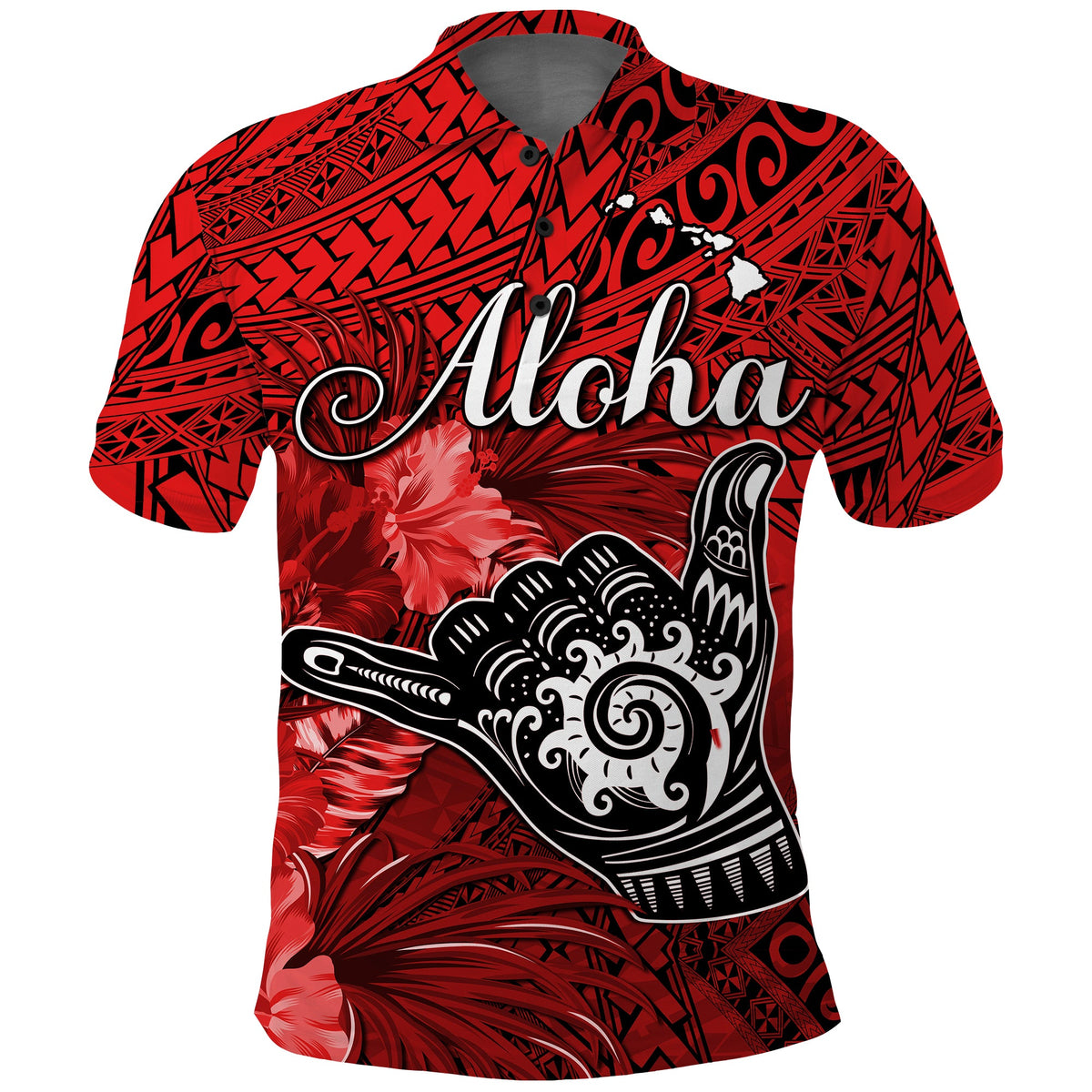 The Shaka Hawaii Polo Shirt Tropical Flowers Red Version LT13 Red - Polynesian Pride