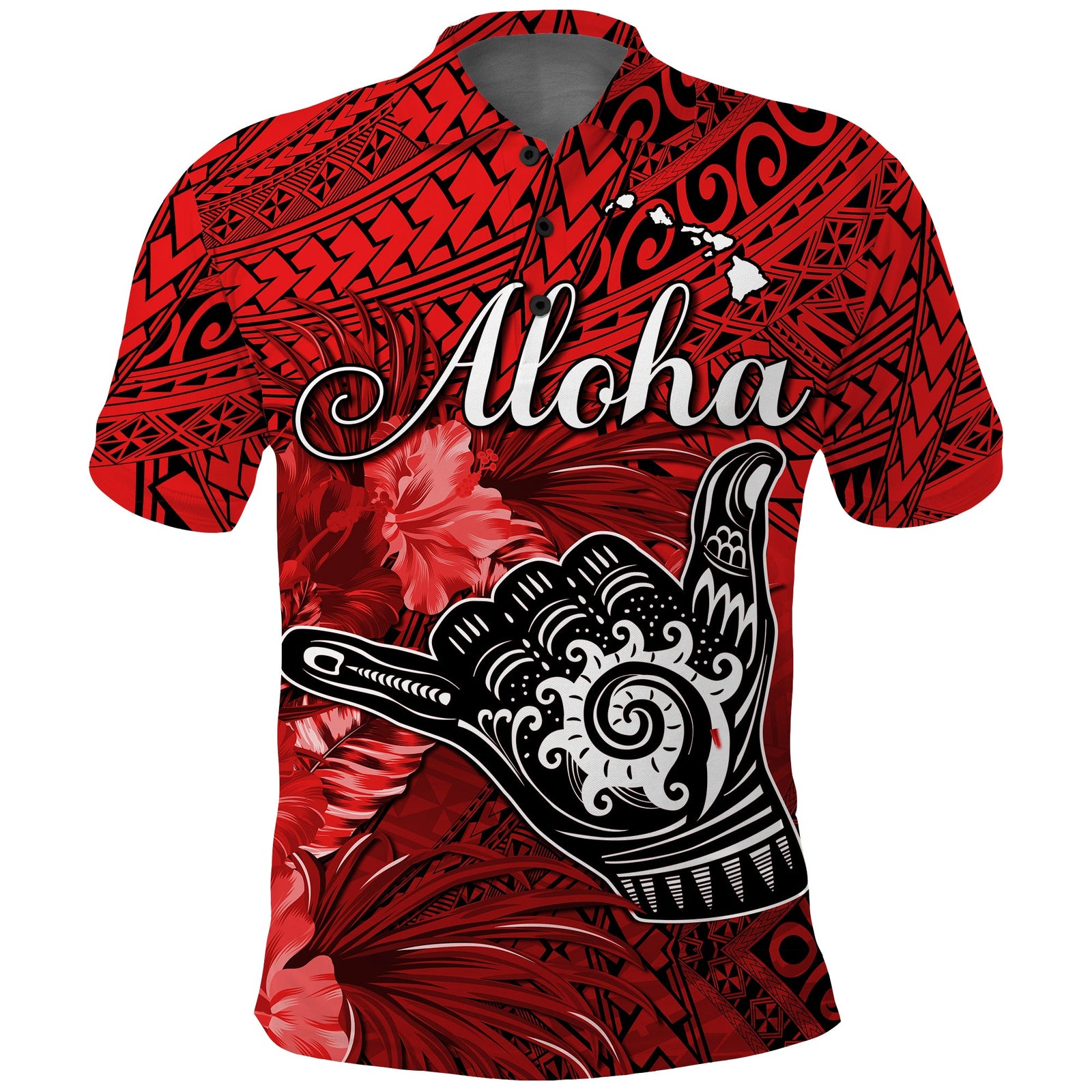 The Shaka Hawaii Polo Shirt Tropical Flowers Red Version LT13 Red - Polynesian Pride