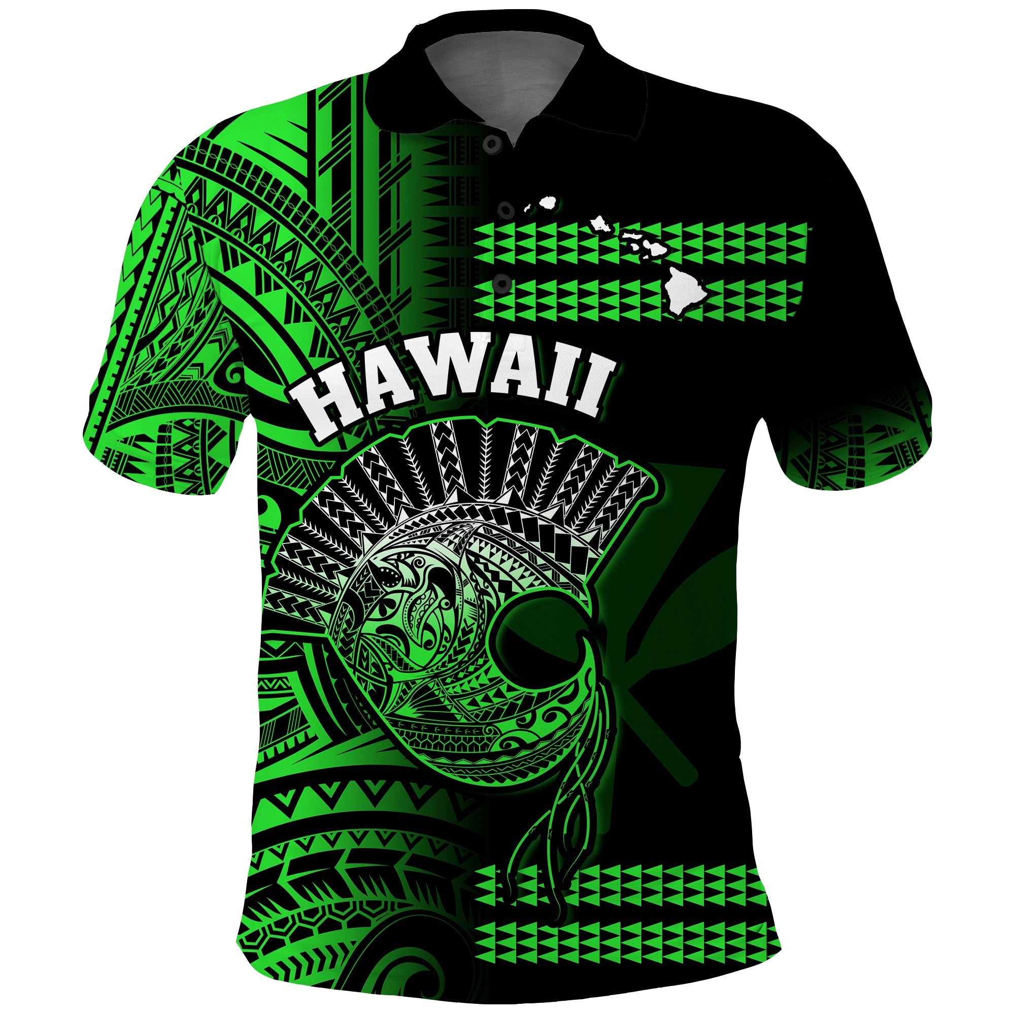 Custom Hawaii Polo Shirt Kakau Warrior Helmet Gradient Green Polynesian LT14 Green - Polynesian Pride