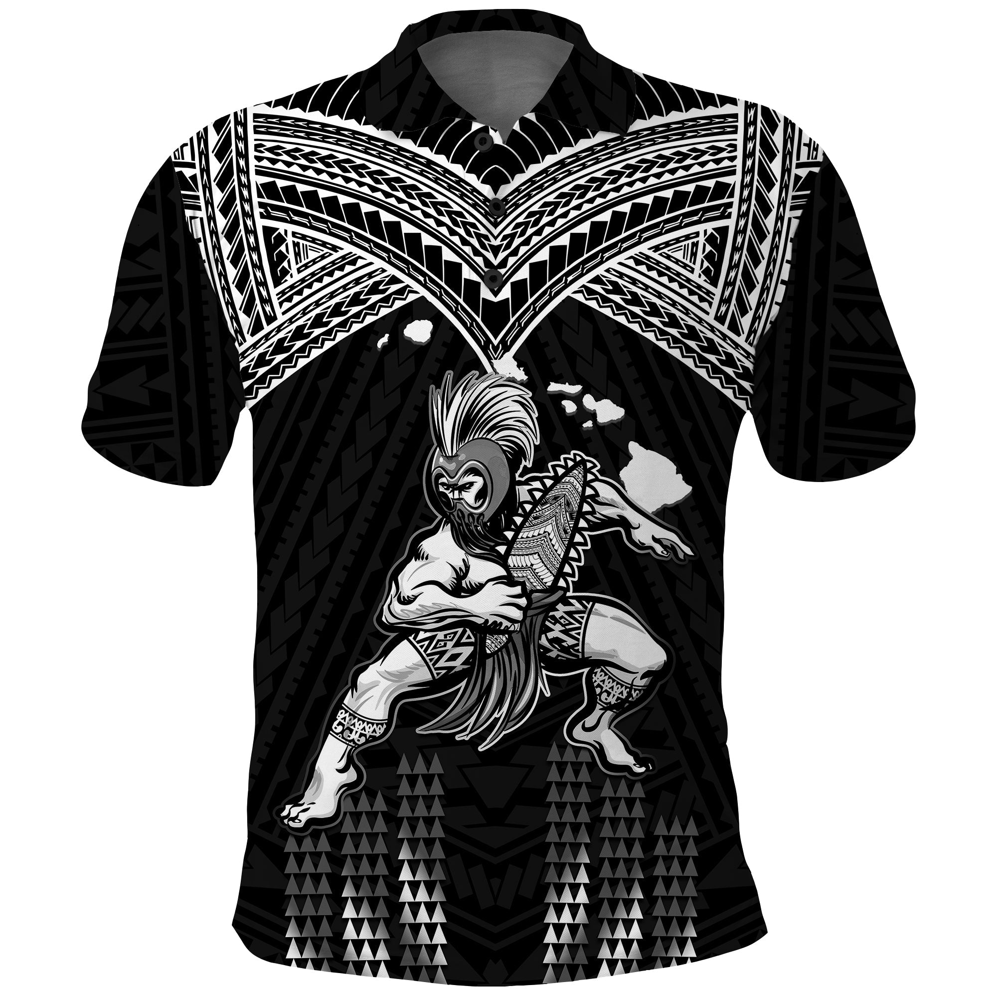 Custom Hawaii Polo Shirt Hawaiian Warrior With Weapon Polynesian Ver.01 LT14 Black - Polynesian Pride