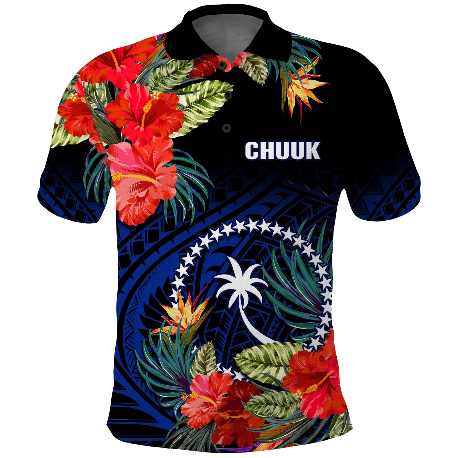 Chuuk State Polo Shirt FSM Hibiscus Flowers Mix Polynesian LT14 Blue - Polynesian Pride