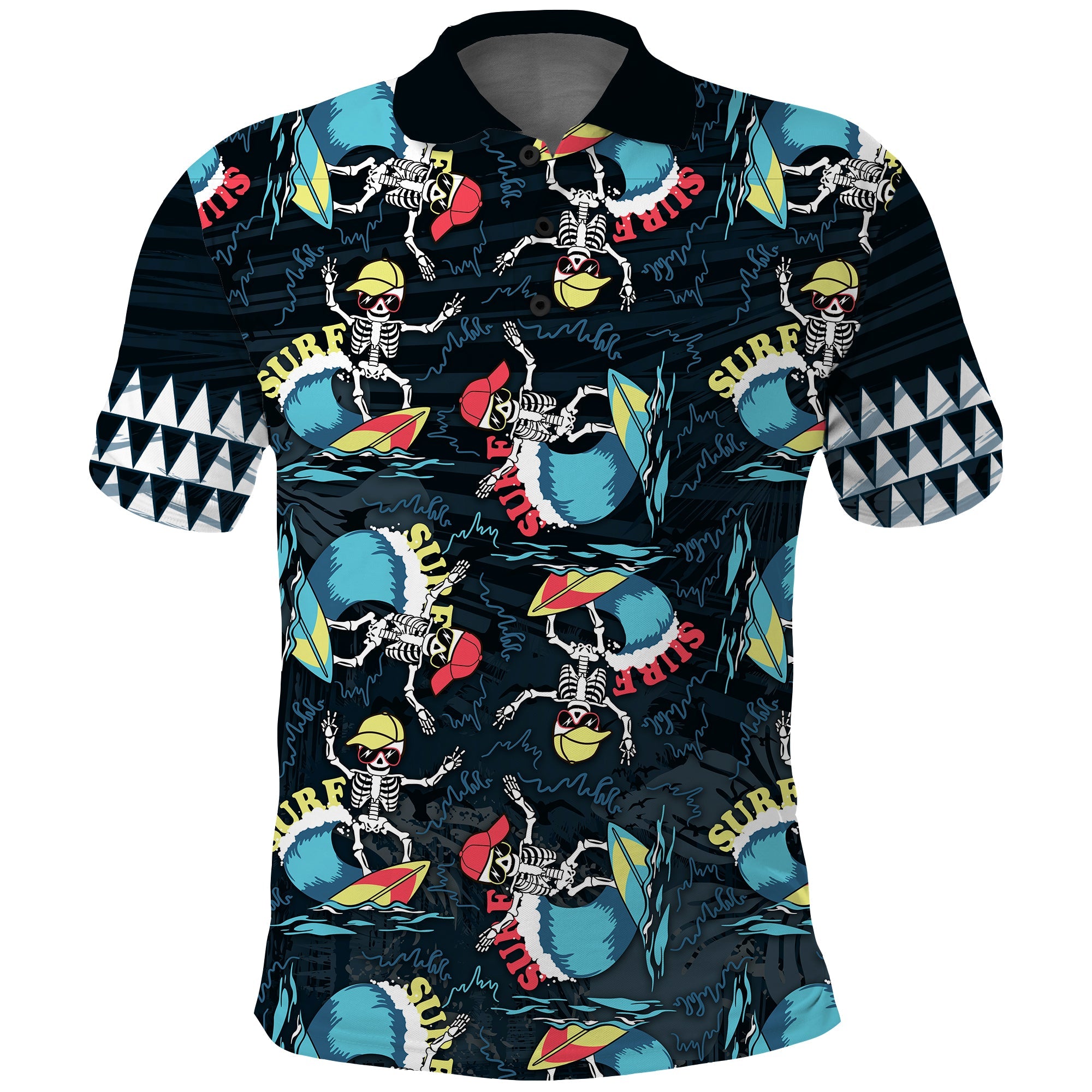 Hawaii Skeleton Surf Polo Shirt Halloween Hawaiian Tribal LT13 Black - Polynesian Pride