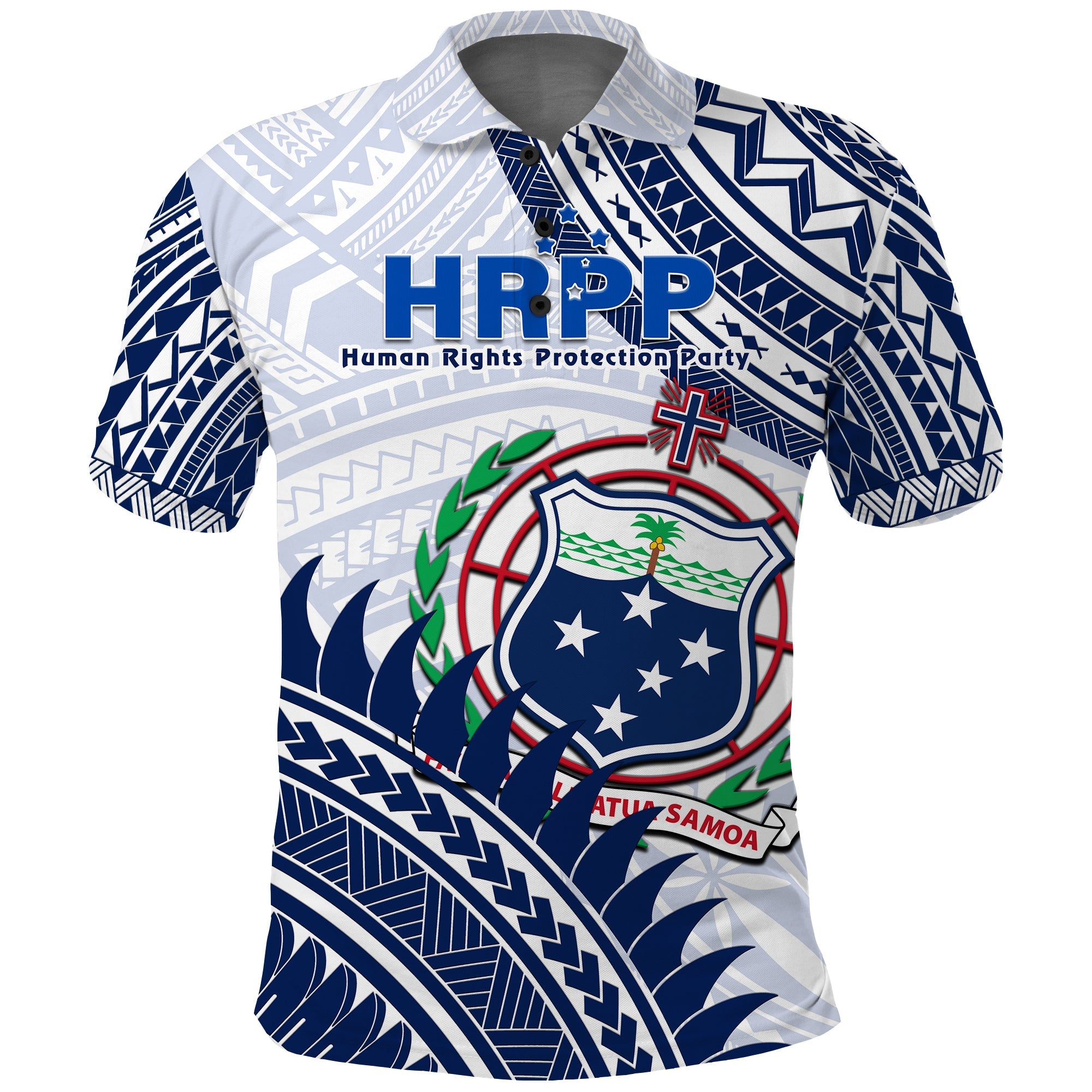 HRPP Samoa Polo Shirt Samoan Coat Of Arms Polynesian Pattern LT14 White - Polynesian Pride