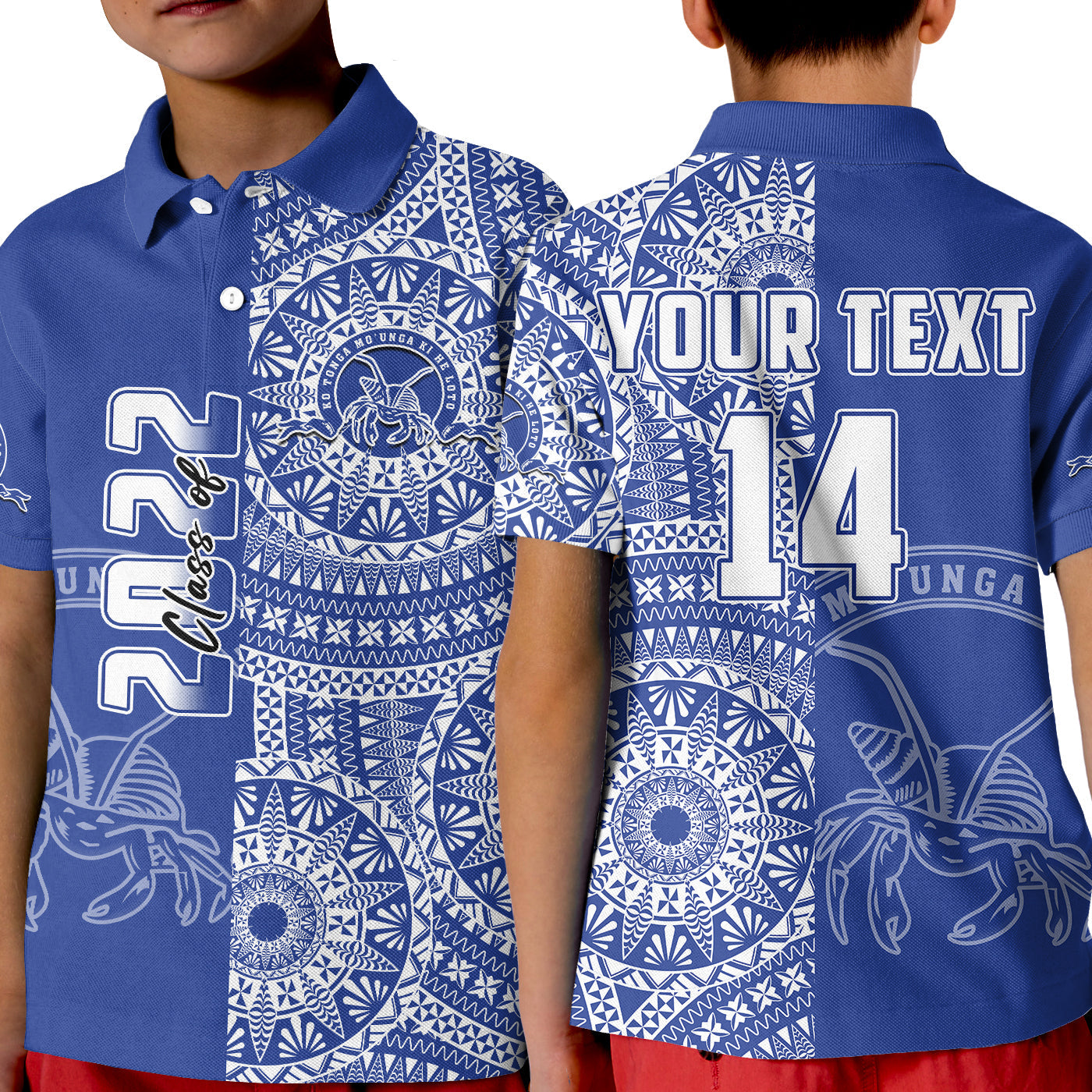 (Custom Text And Number) Tupou Tonga College Polo Shirt KID Class Of Year Tongan Ngatu Pattern LT14 Kid Blue - Polynesian Pride