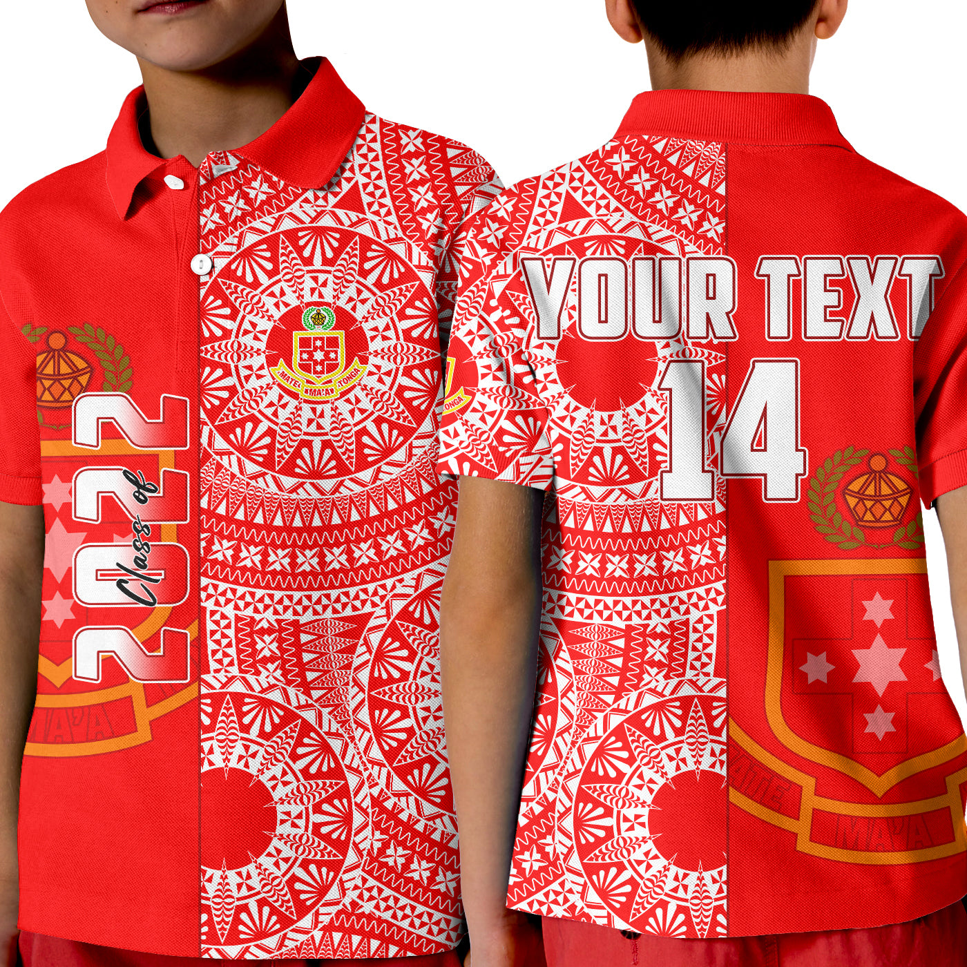 (Custom Text And Number) Kolisi Tonga High School Polo Shirt KID Class Of Year Tongan Ngatu Pattern LT14 Kid Red - Polynesian Pride