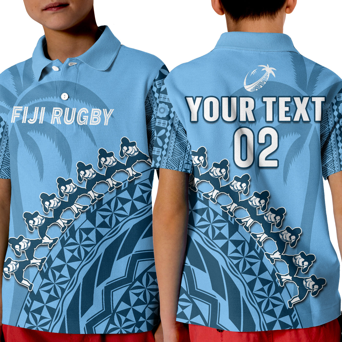 (Custom Text And Number) Fiji Tapa Rugby Polo Shirt KID Fijian Cibi Dance Tapa Pattern Blue LT14 Kid Blue - Polynesian Pride