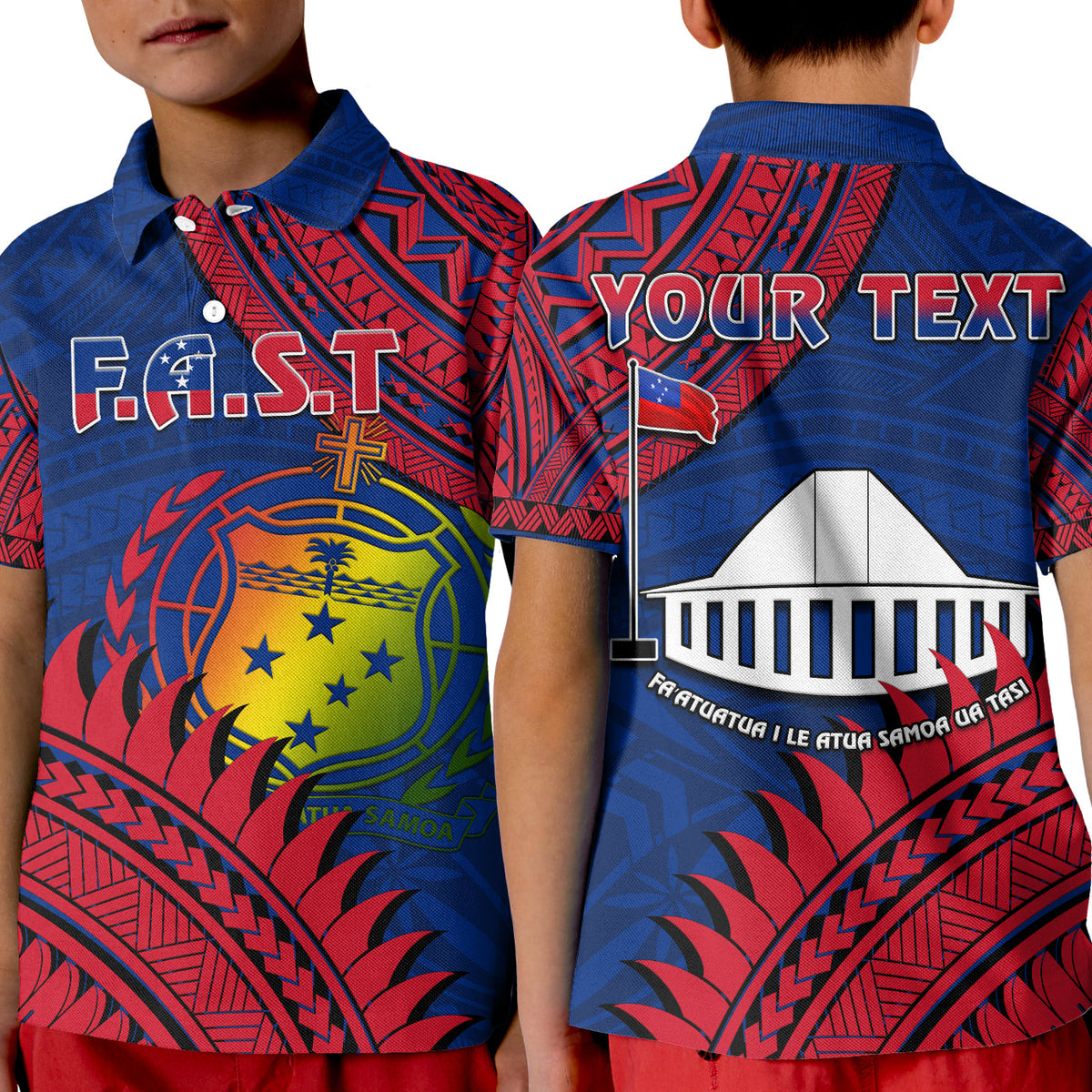 Custom F.A.S.T Samoa Polo Shirt KID Samoan Coat Of Arms Polynesian Pattern LT14 Kid Blue - Polynesian Pride