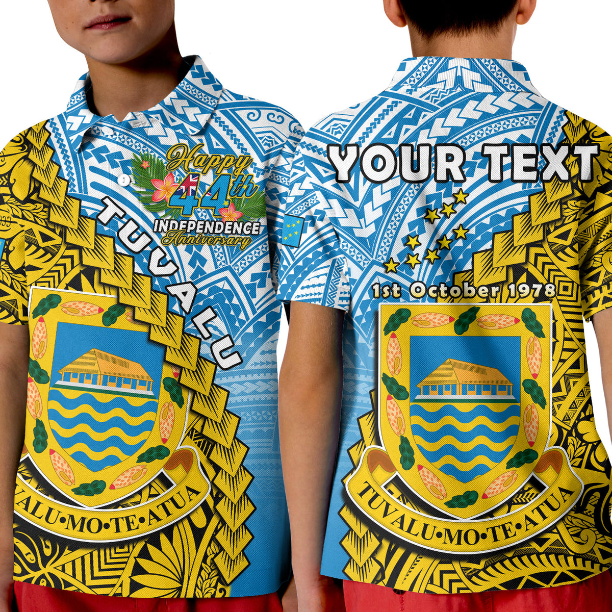 Custom Tuvalu 1978 Polo Shirt Happy 44th Independence Anniversary Polynesian Pattern LT14 Kid Yellow - Polynesian Pride