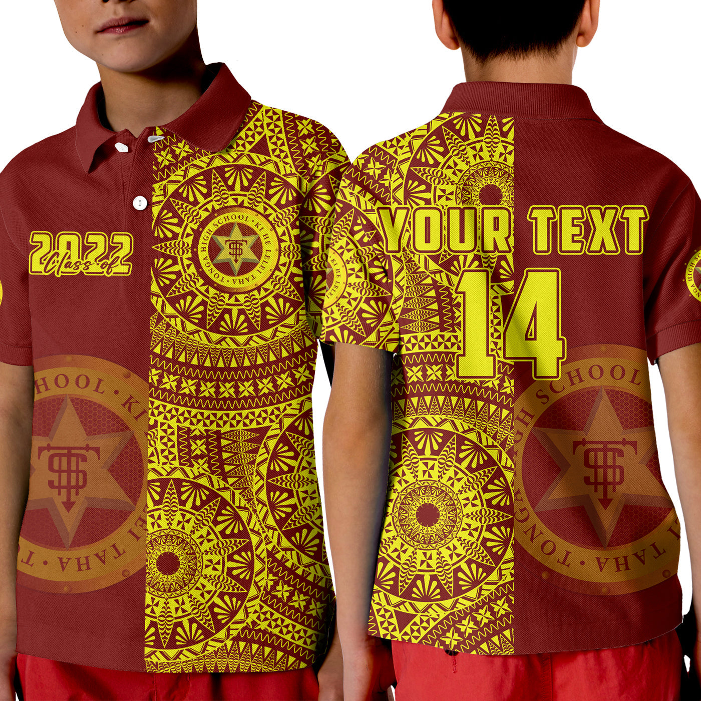 (Custom Text And Number) Tonga High School Polo Shirt KID Class Of Year Tongan Ngatu Pattern LT14 Kid Red - Polynesian Pride