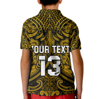 (Custom Text and Number) New Zealand Silver Fern Rugby Polo Shirt KID All Black Gold NZ Maori Pattern LT13 - Polynesian Pride