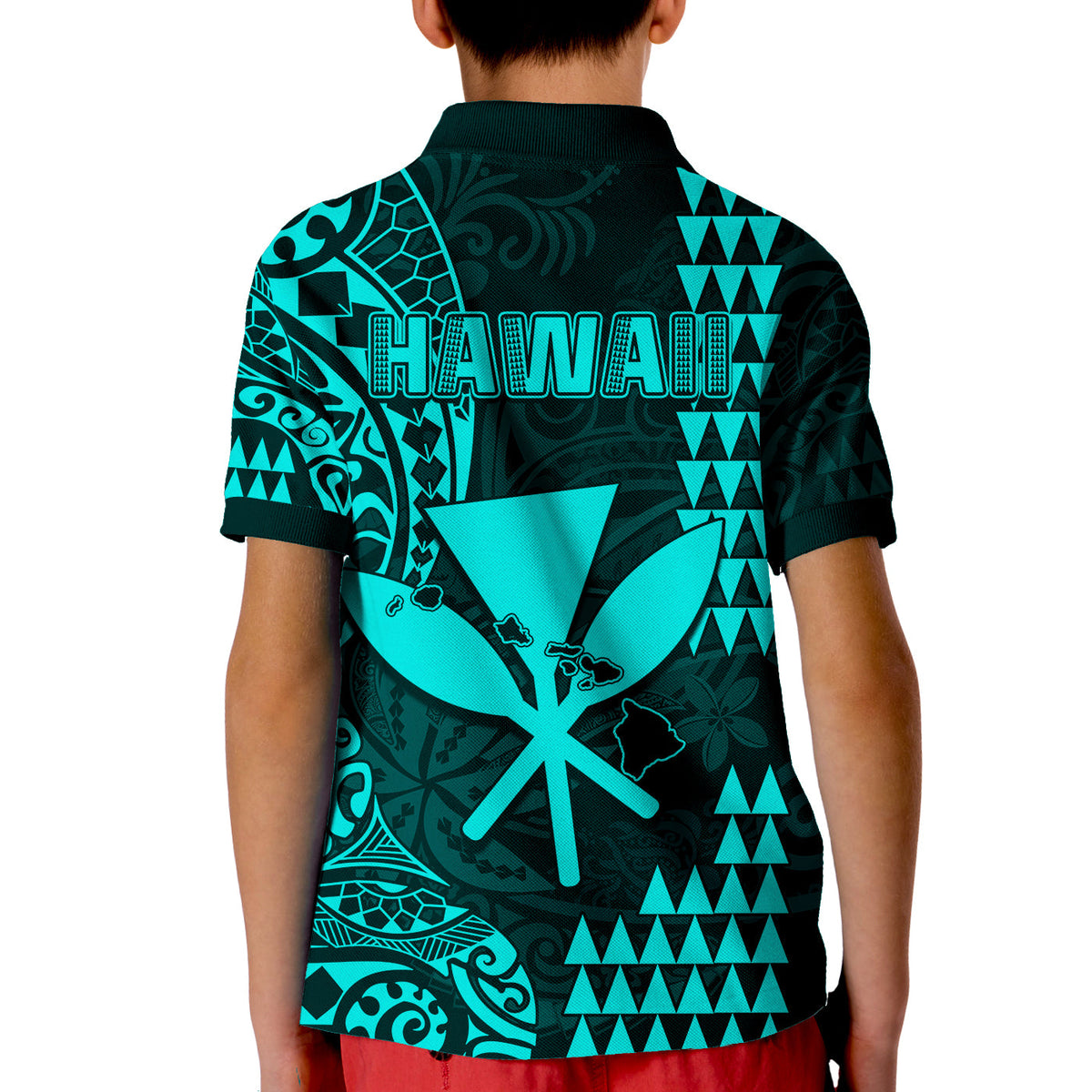 Hawaii Day Kakau Polo Shirt KID Proud To Be Hawaiian Turquoise King Kamehameha and Kanaka Maoli LT13 - Polynesian Pride