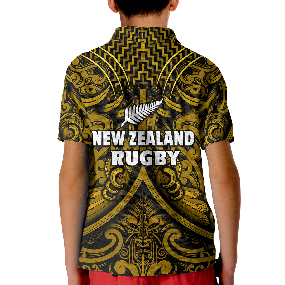 New Zealand Silver Fern Rugby Polo Shirt All Black Gold NZ Maori Pattern LT13 - Polynesian Pride