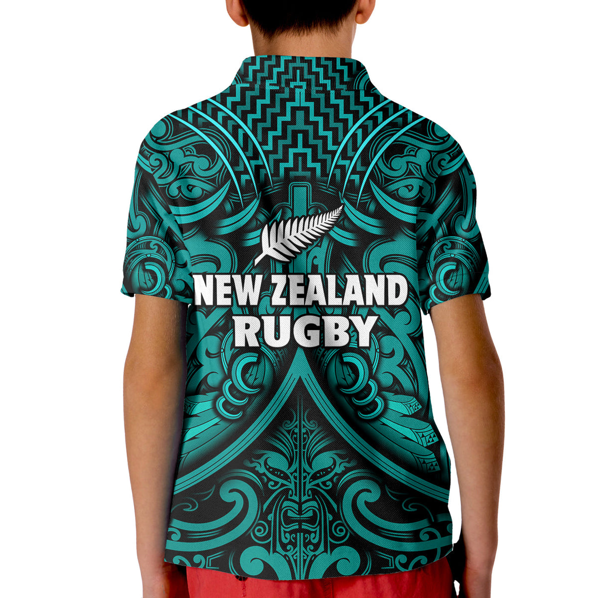 New Zealand Silver Fern Rugby Polo Shirt KID All Black Turquoise NZ Maori Pattern LT13 - Polynesian Pride
