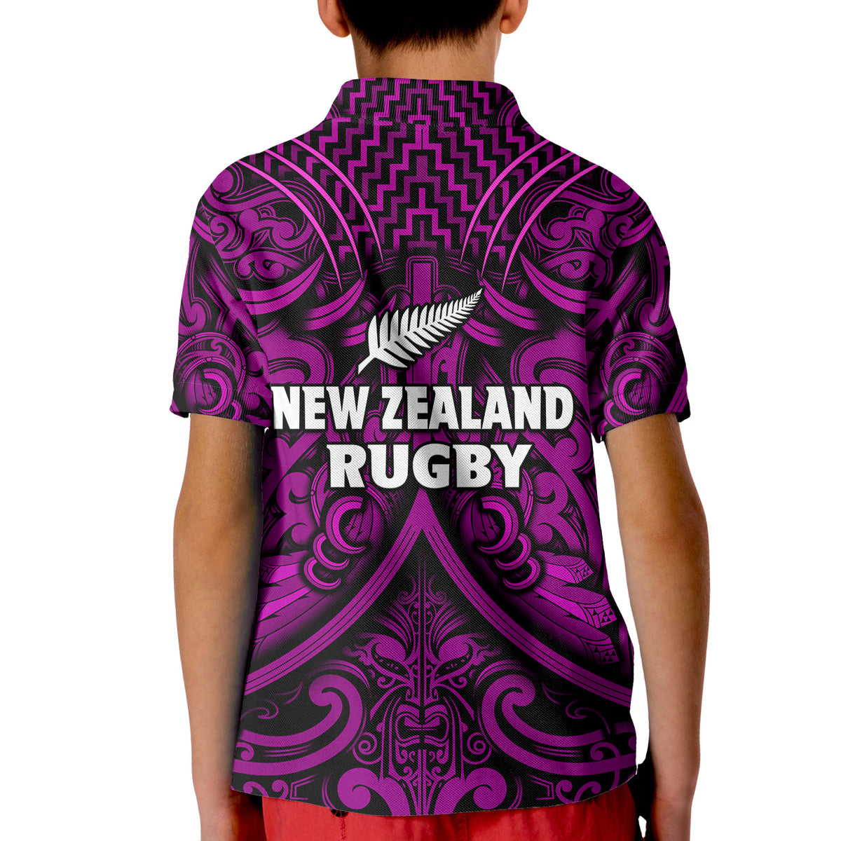 New Zealand Silver Fern Rugby Polo Shirt KID All Black Purple NZ Maori Pattern LT13 - Polynesian Pride