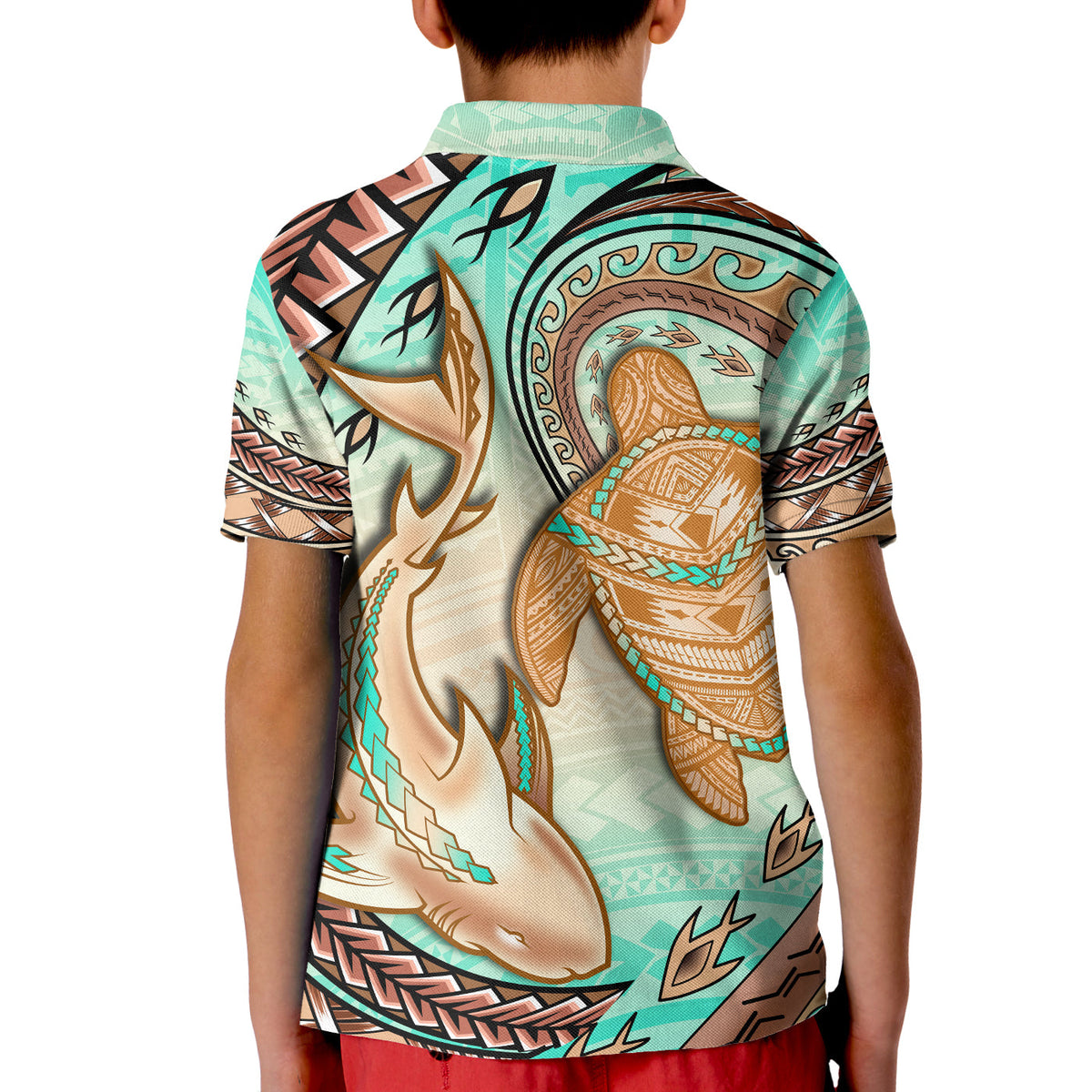 Hawaii Polo Shirt KID Polynesian Shark And Sea Turtle Dreamy Turquoise Artsy LT14 - Polynesian Pride