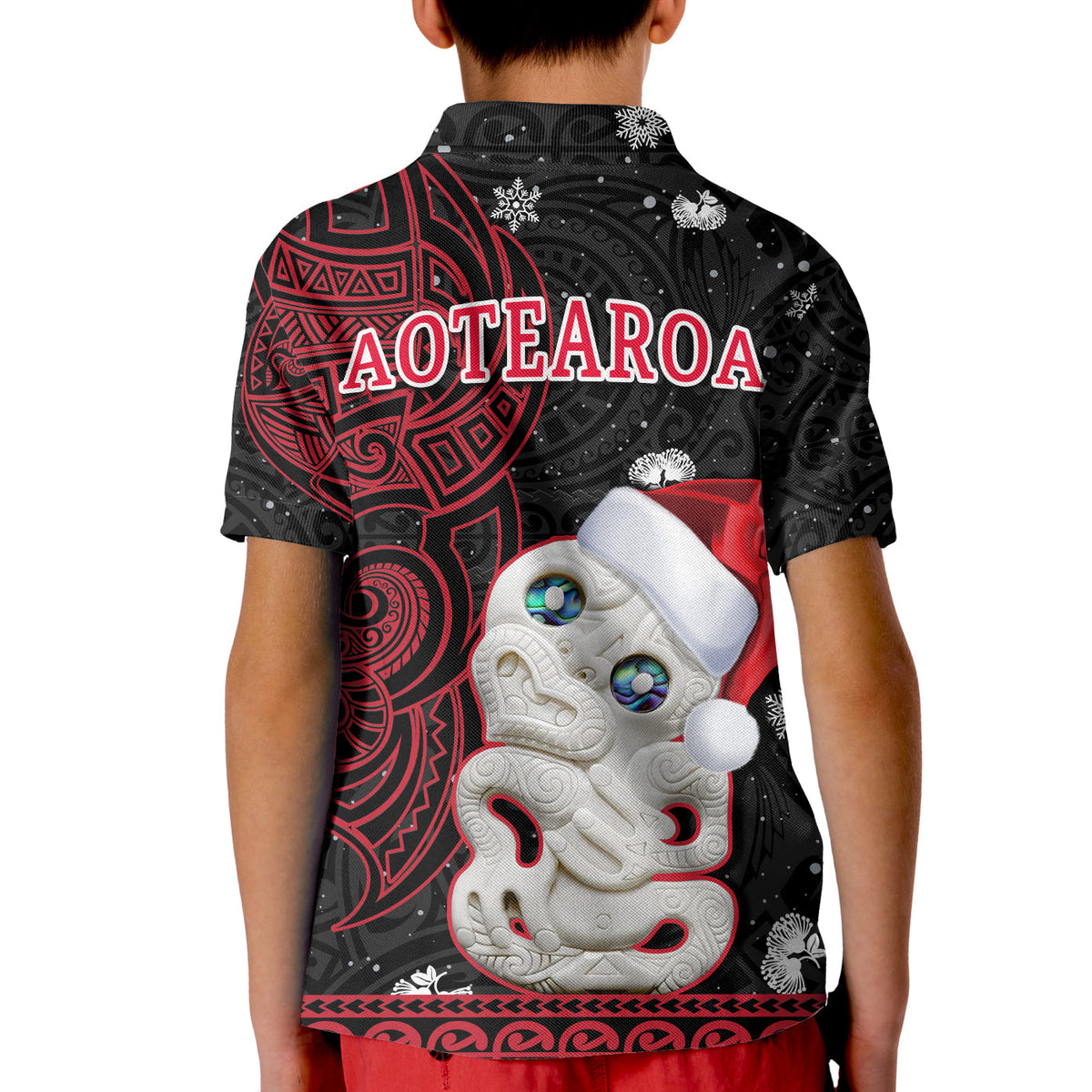 New Zealand Christmas Polo Shirt KID Hei Tiki Red Pohutukawa Meri Kirihimete LT14 - Polynesian Pride