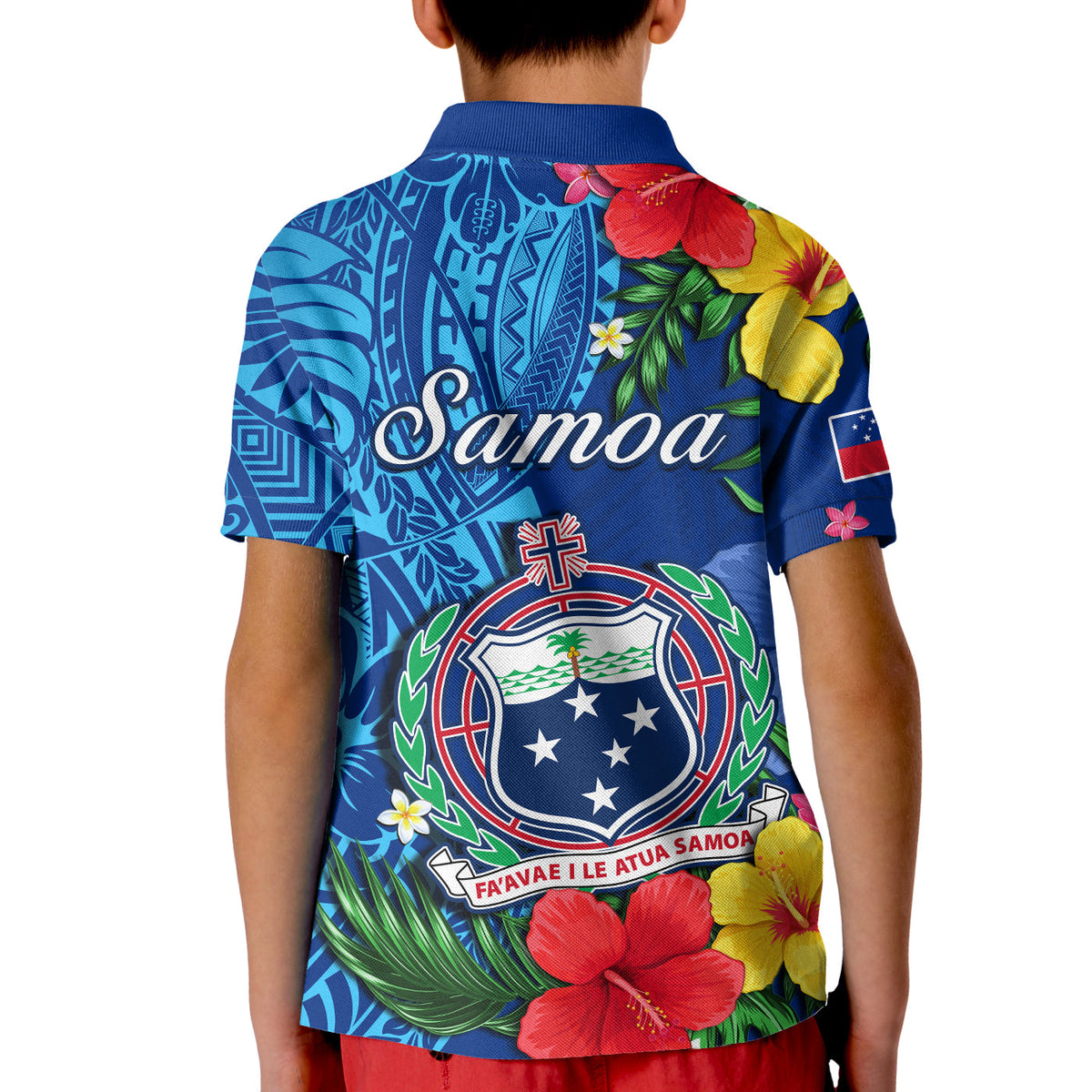 Samoa Polo Shirt KID Coat Of Arms Mix Tropical Flowers LT14 - Polynesian Pride