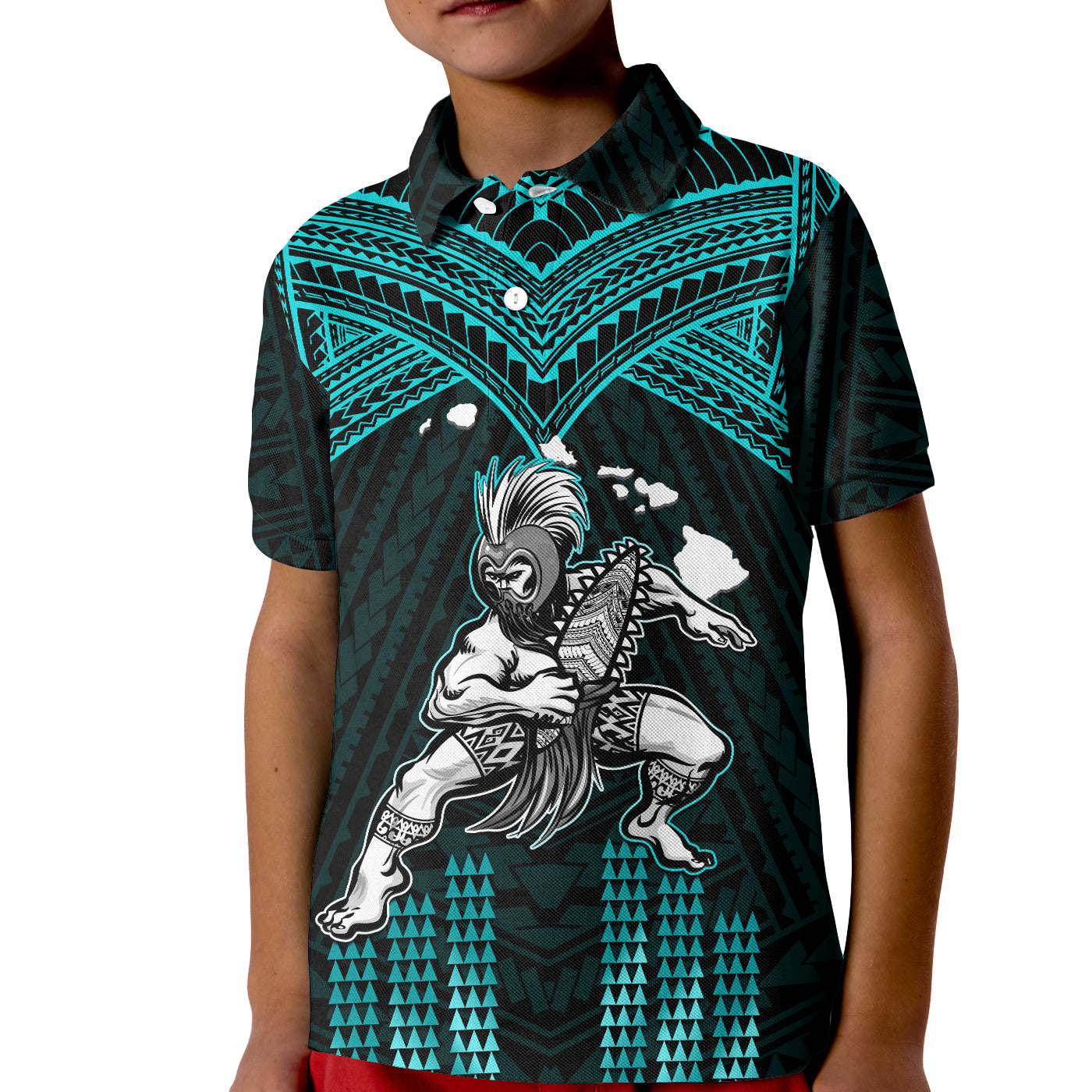 (Custom Personalised) Hawaii Polo Shirt KID Hawaiian Warrior With Weapon Polynesian Ver.02 LT14 Kid Turquoise - Polynesian Pride