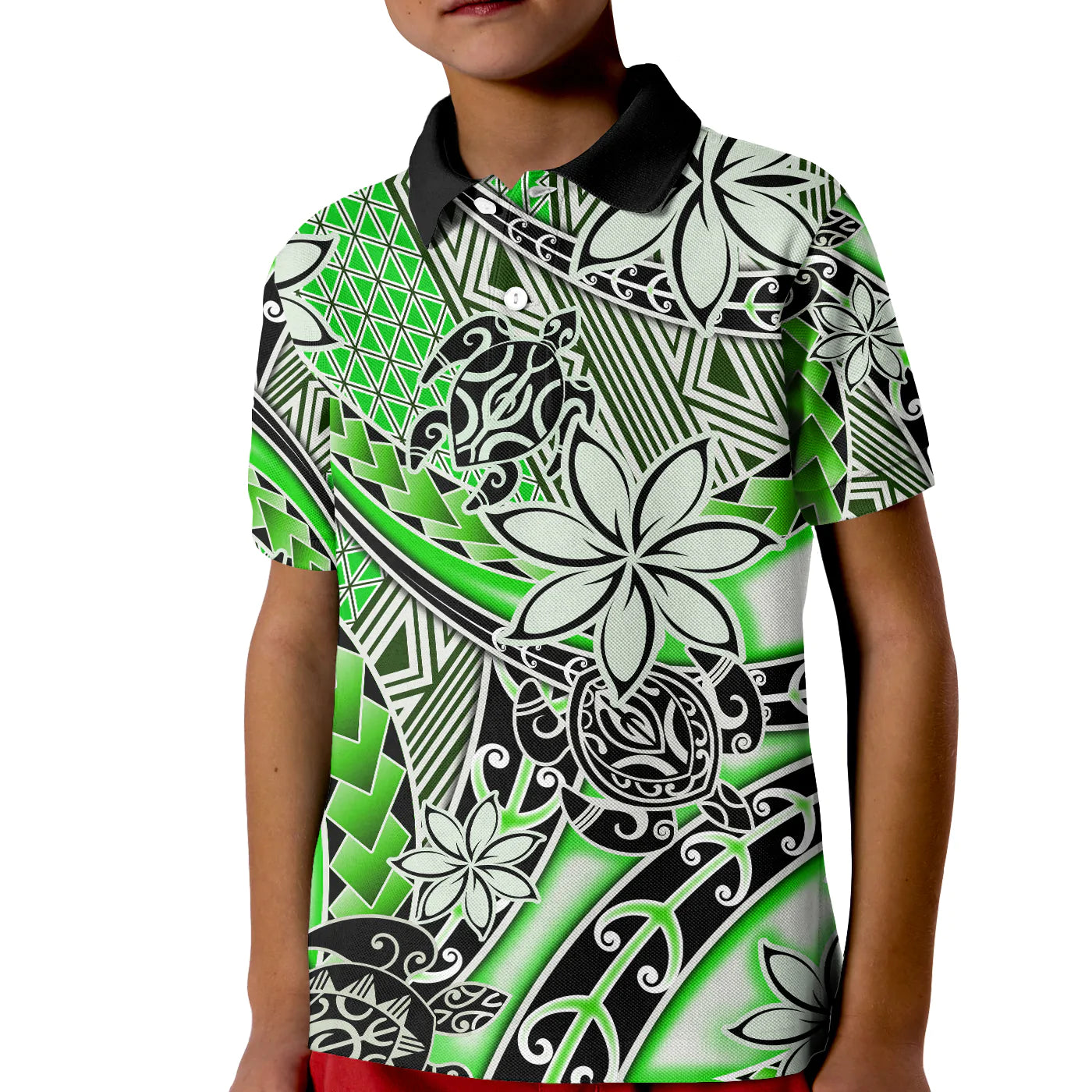 (Custom Personalised) Hawaii Polo Shirt KID Tribal Plumeria With Polynesian Turtle Ver.01 LT14 Kid Green - Polynesian Pride