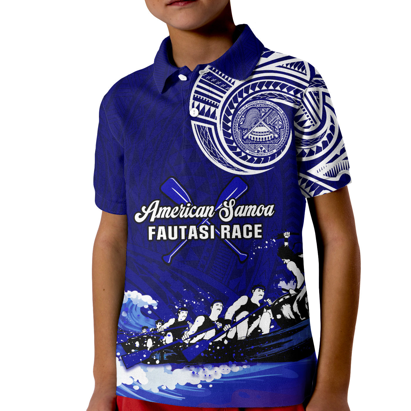 (Custom Personalised) American Samoa Polo Shirt KID Fautasi Race Samoan Pattern Ver.01 LT14 Kid Blue - Polynesian Pride