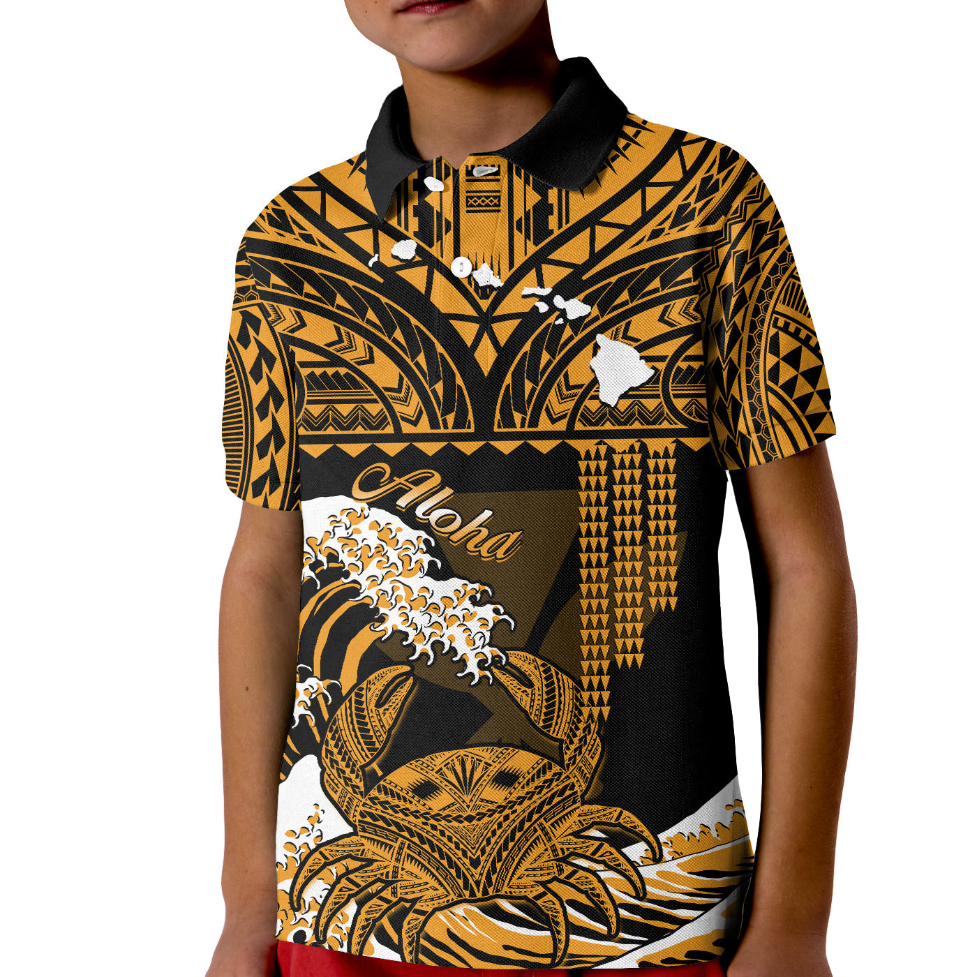 (Custom Personalised) Hawaii Polo Shirt KID Kakau Polynesian Crab With Waves Ver.02 LT14 Kid Gold - Polynesian Pride