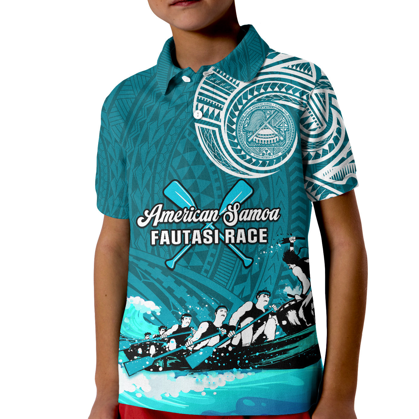 (Custom Personalised) American Samoa Polo Shirt KID Fautasi Race Samoan Pattern Ver.03 LT14 Kid Turquoise - Polynesian Pride