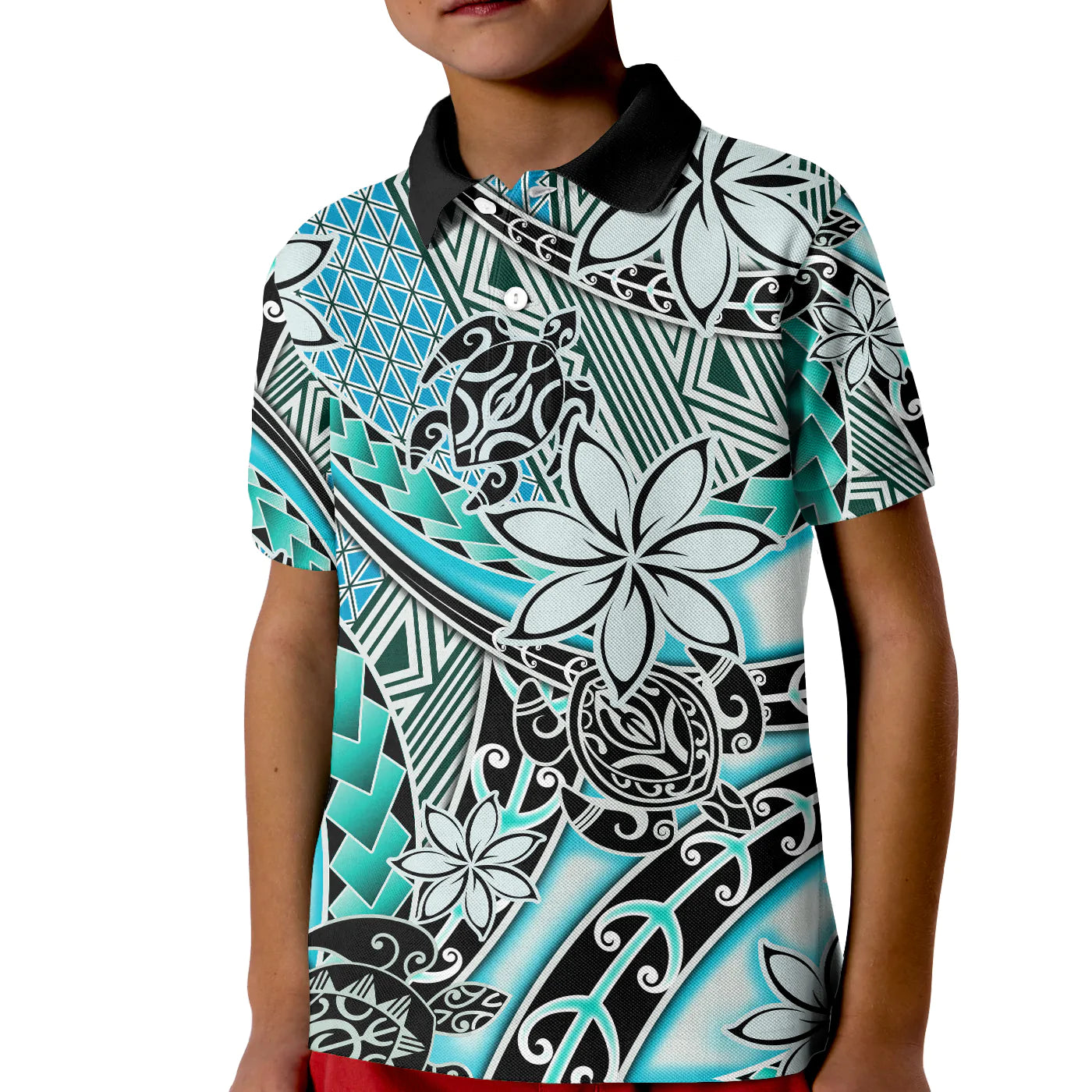 (Custom Personalised) Hawaii Polo Shirt KID Tribal Plumeria With Polynesian Turtle Ver.04 LT14 Kid Turquoise - Polynesian Pride