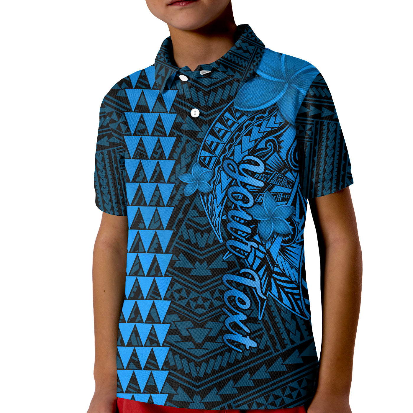 (Custom Personalised) Hawaii Polo Shirt KID Kakau Kanaka Maoli Combine Polynesian Shark Ver.03 LT14 Kid Blue - Polynesian Pride