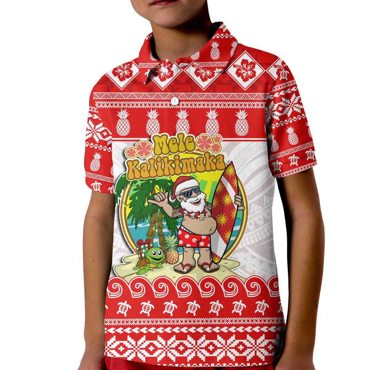 Custom Hawaii Christmas Polo Shirt KID Kanaka Polynesian Santa Claus Mele Kalikimaka LT14 - Polynesian Pride