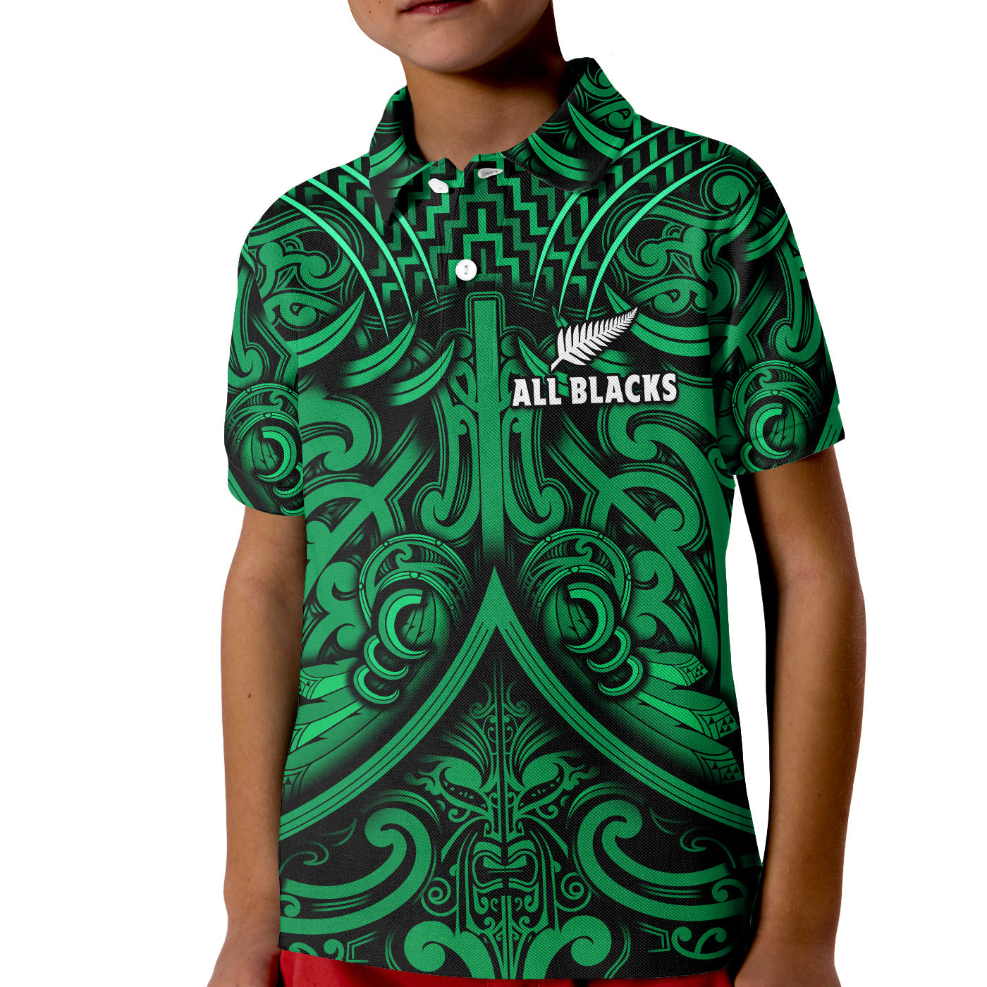 (Custom Text and Number) New Zealand Silver Fern Rugby Polo Shirt KID All Black Green NZ Maori Pattern LT13 Kid Green - Polynesian Pride